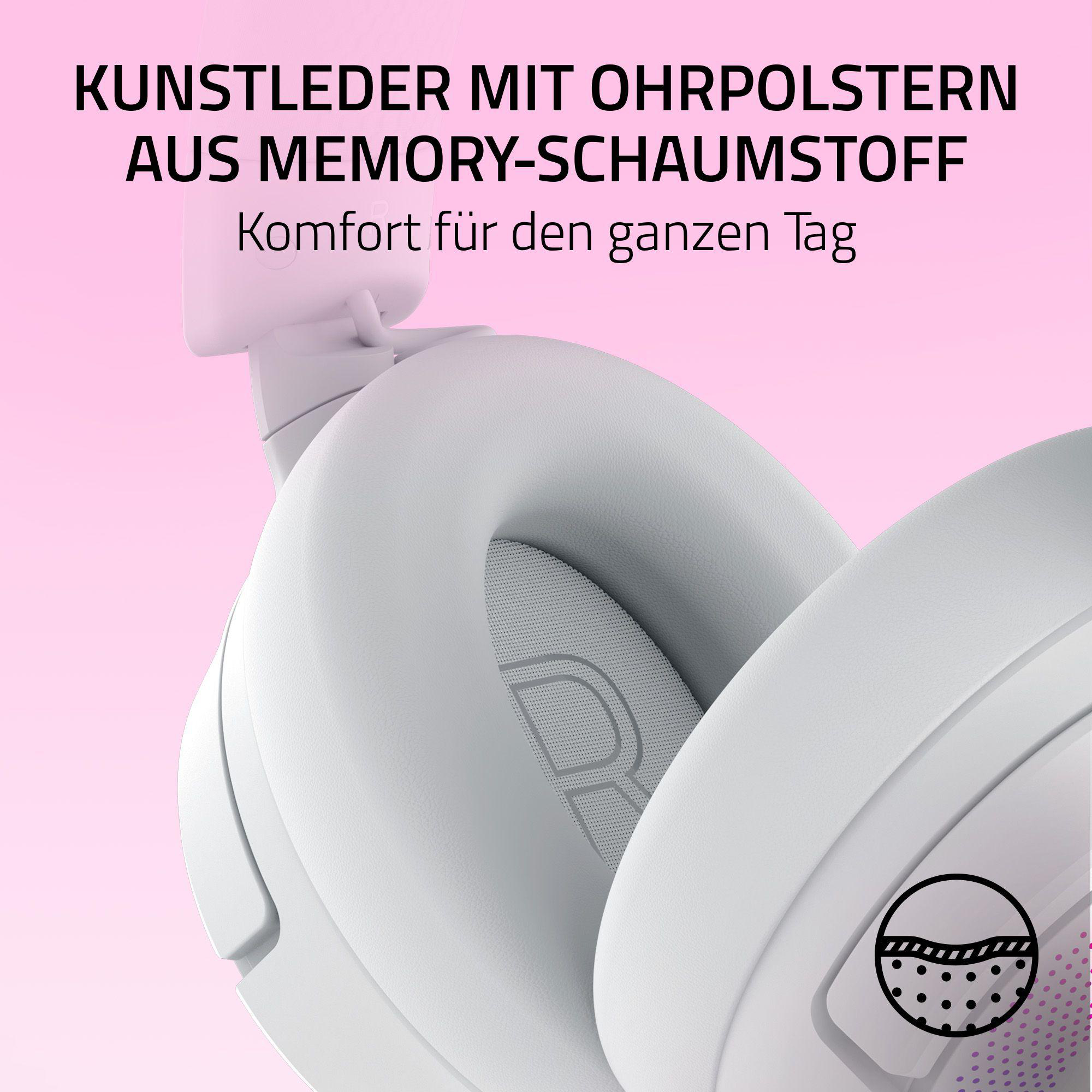Weiße Kopfhörer mit Memory-Foam-Ohrpolstern auf rosa Hintergrund. Text auf Deutsch oben.