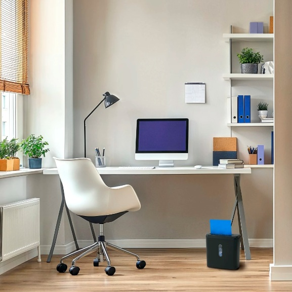 Nowoczesne domowe biuro z białym biurkiem, komputerem, krzesłem i niszczarką. Półki z dekoracjami po prawej, okno po lewej.
