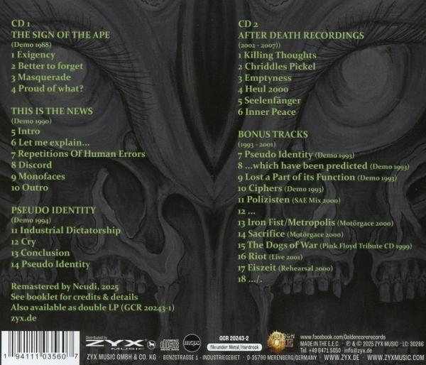 Albumcover listet Songtitel auf dunklem Hintergrund mit Schädelbildern und Albumdetails.