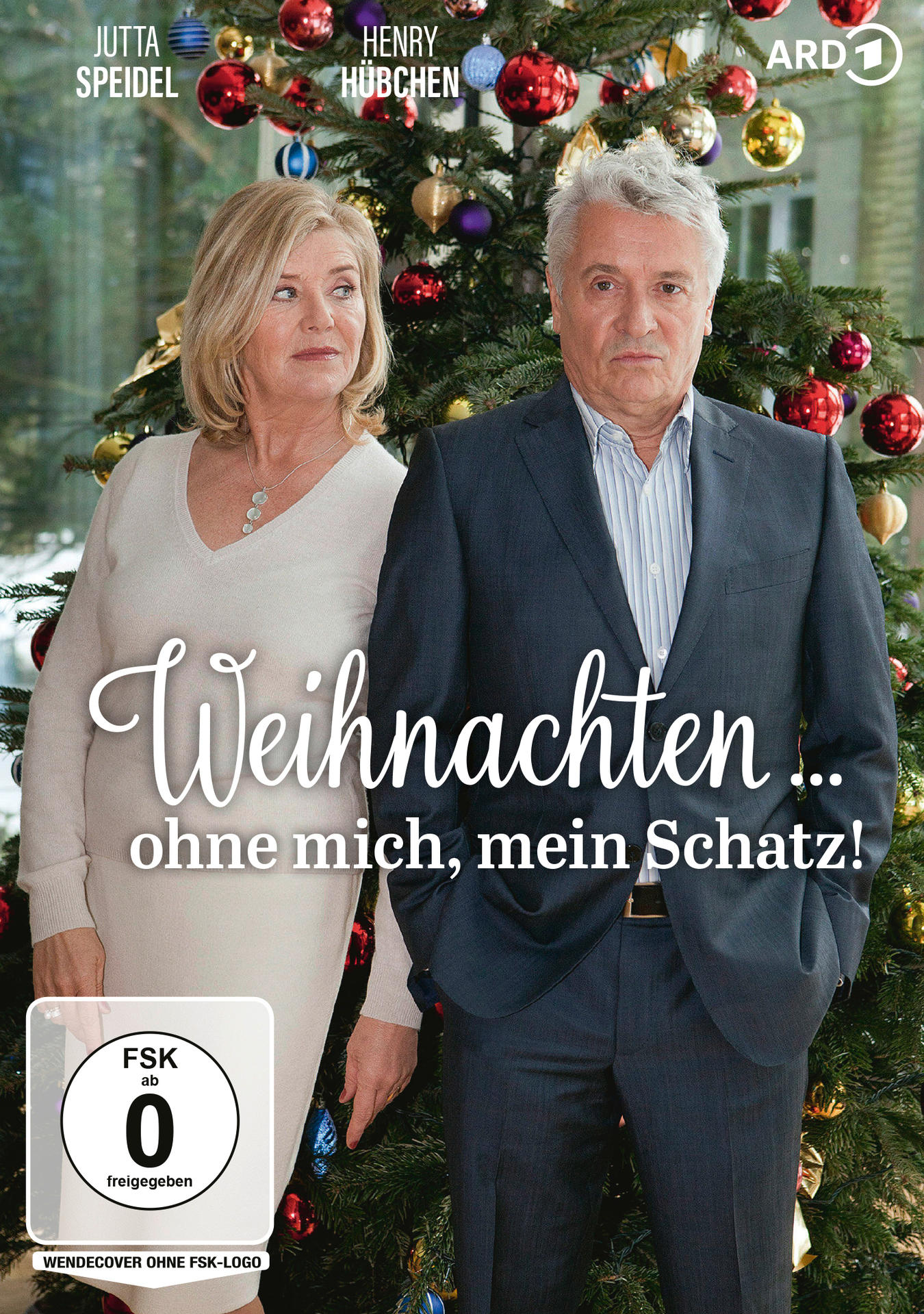 Ein Filmplakat zeigt einen Mann und eine Frau vor einem Weihnachtsbaum. Der Text lautet "Weihnachten... ohne mich, mein Schatz!"