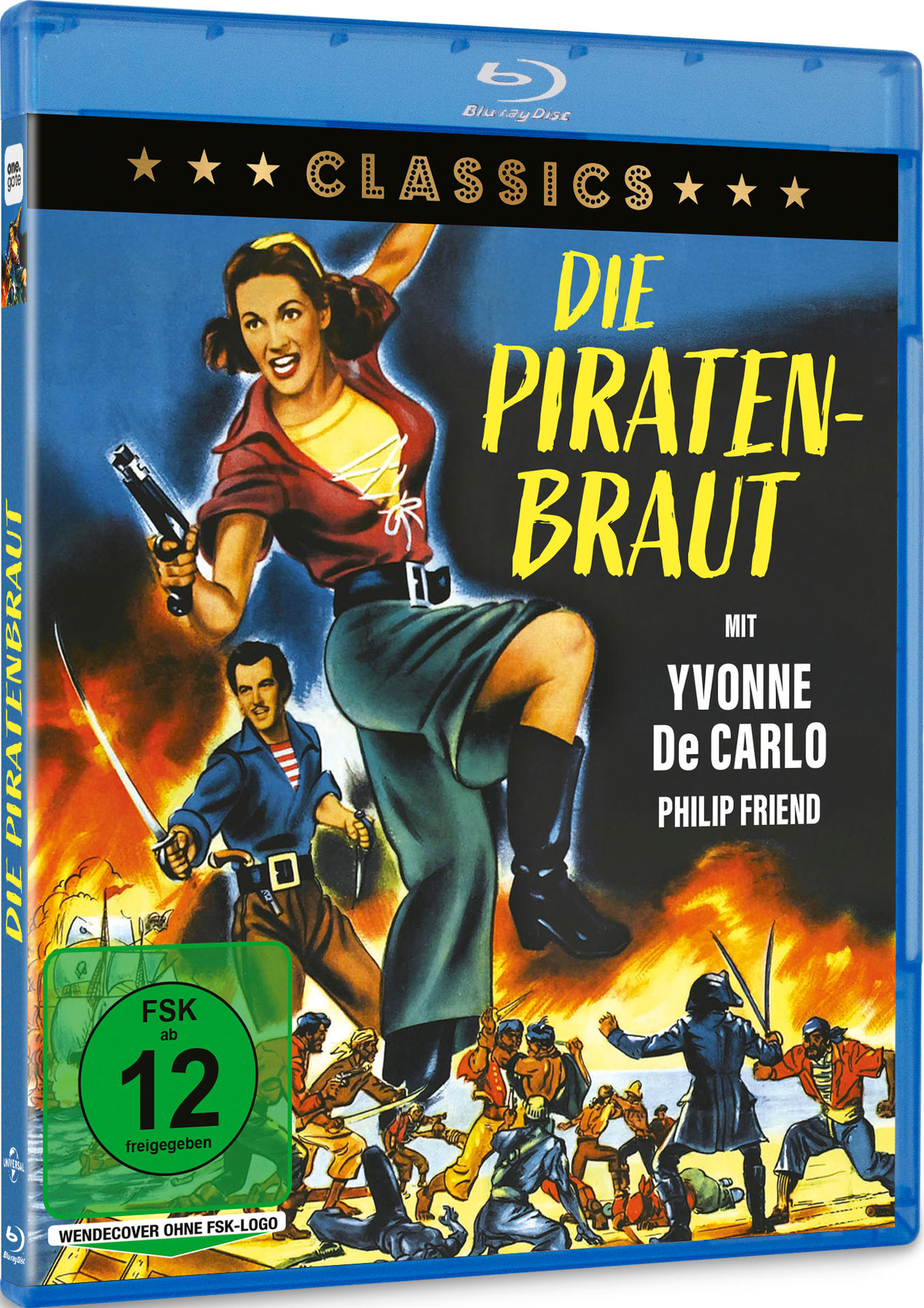 Blu-ray-Cover: Frau mit Pistole, zwei Männer, Piratenschiff, Titel 'Die Piratenbraut', Namen der Schauspieler, Flammen, Altersfreigabe.
