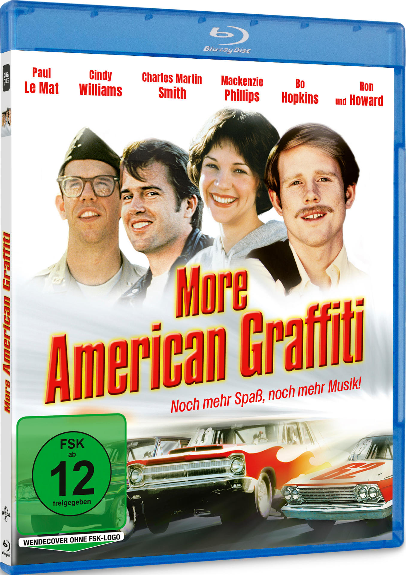 Blu-ray-Cover von 'More American Graffiti'. Mit Fotos der Darsteller, rotem Titel und Autos im Hintergrund. Grüne Altersfreigabe.
