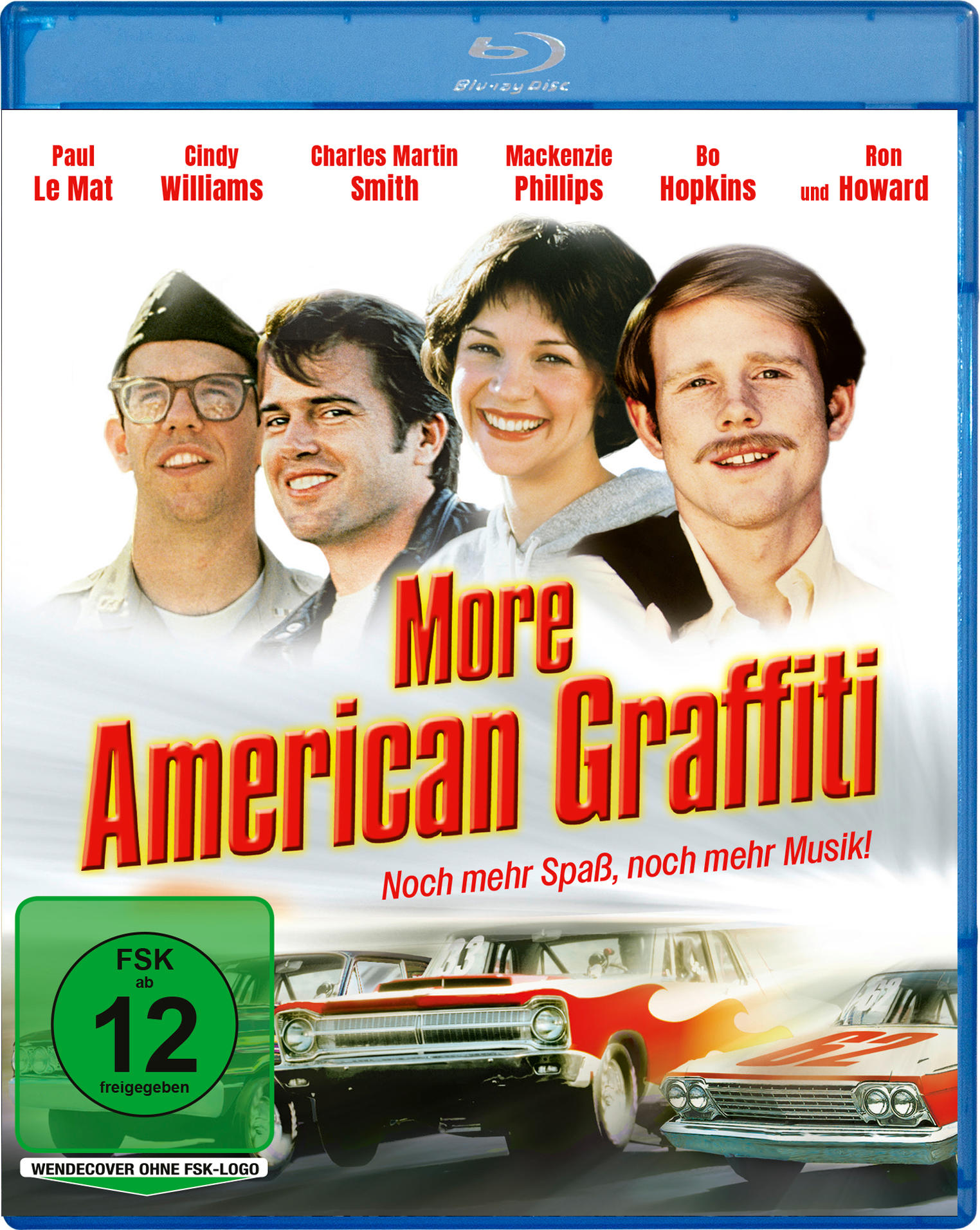 Blu-ray-Cover von 'More American Graffiti'. Enthält Fotos der Besetzung, Titel in Rot und Autos im Hintergrund. FSK 12-Rating.