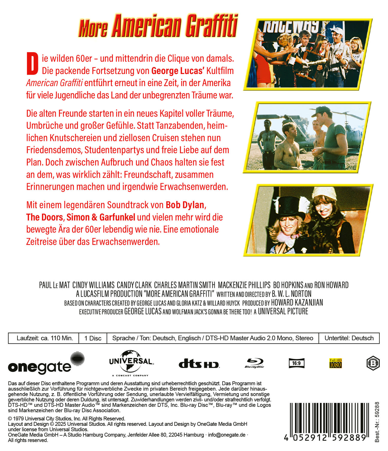 DVD-Cover für 'More American Graffiti'. Enthält Filmstills und Text auf blauem Hintergrund. Logos und Credits sind enthalten.