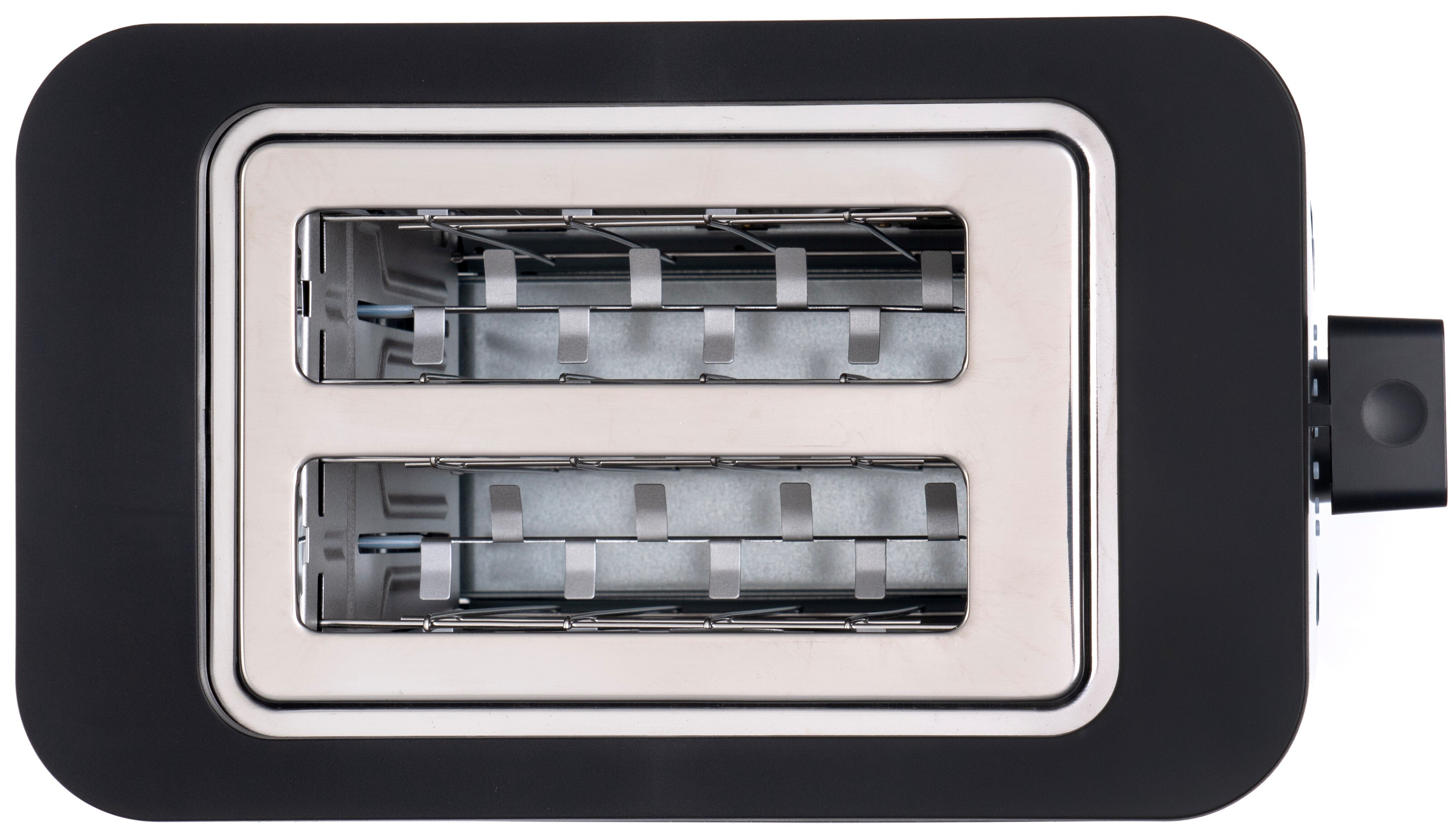 Czarny i srebrny toster z dwoma otworami, widok z góry. Toster ma czarną ramę i srebrne wnętrze.