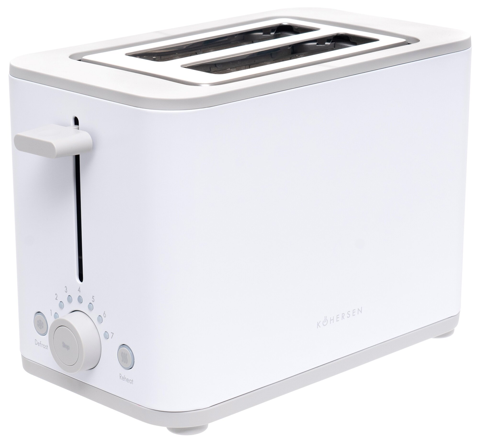 Biały toster z szarymi akcentami. Ma dźwignię, pokrętło do ustawień oraz przyciski rozmrażania i podgrzewania.