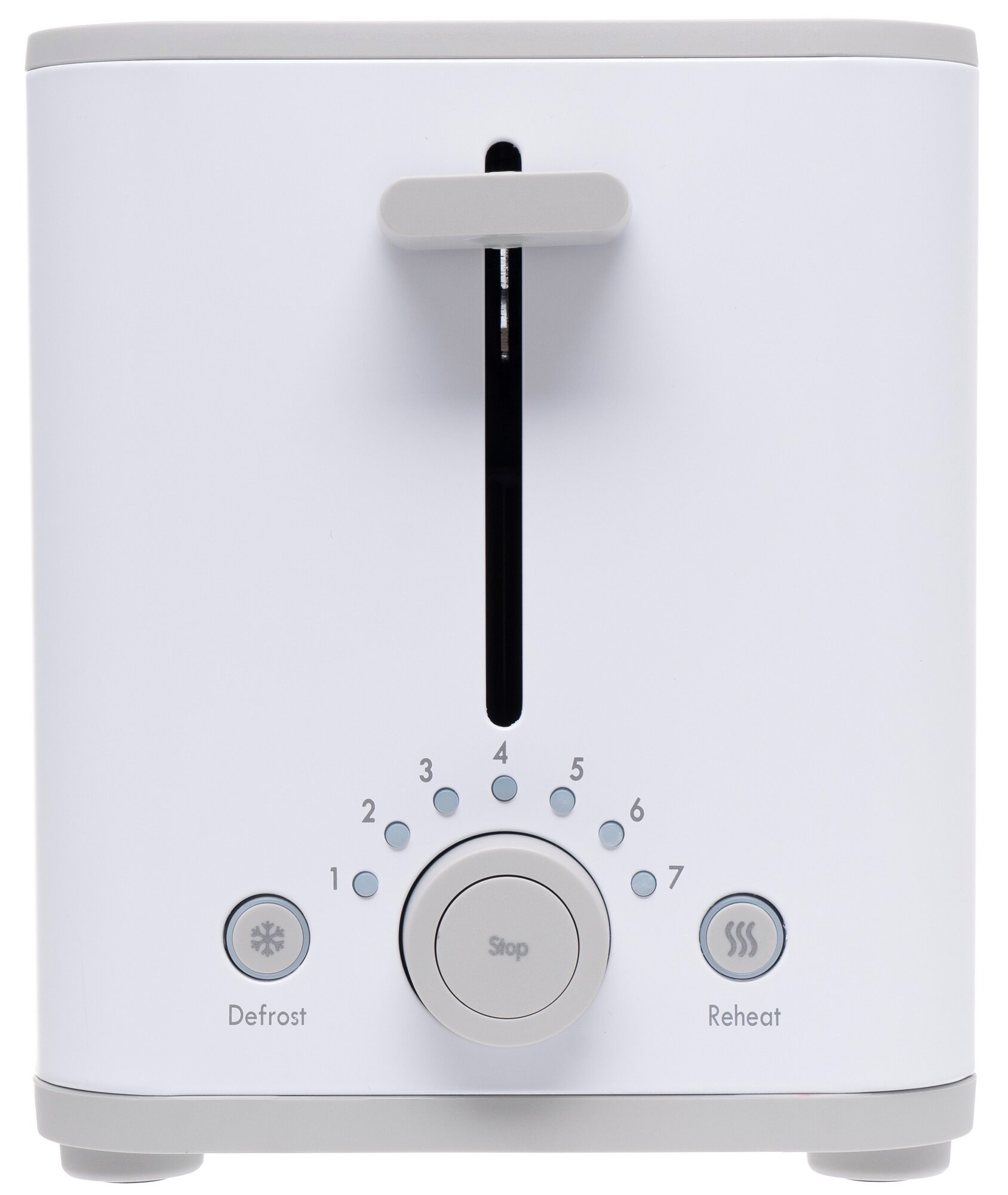 Biały toster z szarymi akcentami. Posiada dźwignię, pokrętło z numerami i przyciski do rozmrażania i podgrzewania.