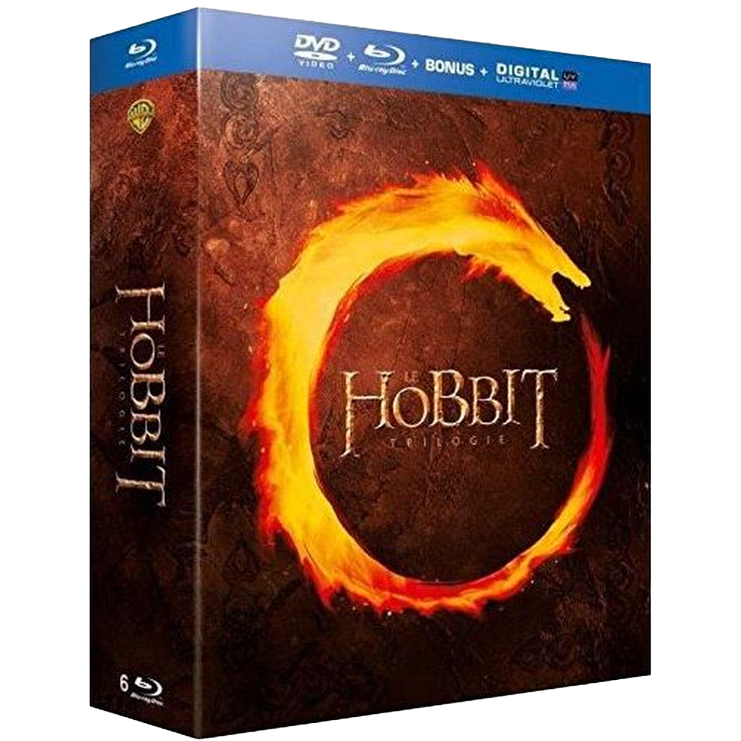 The Hobbit trilogie Blu-ray boxset. Beschikt over een vurige ring design met de titel en draken artwork. Bruin en blauw kleurenschema.