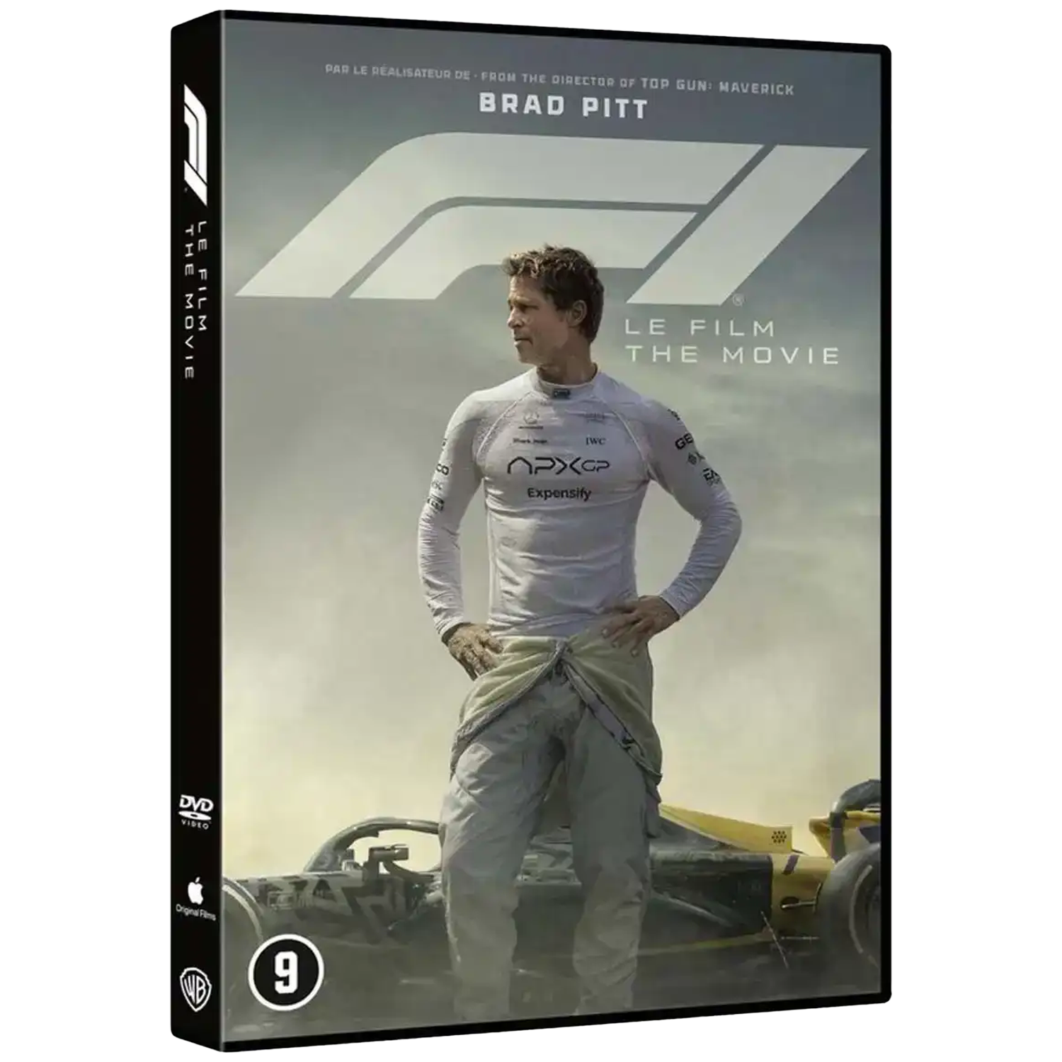 Boîtier DVD avec Brad Pitt. Il se tient près d'une voiture de course jaune. Le logo F1 et le titre du film sont affichés.