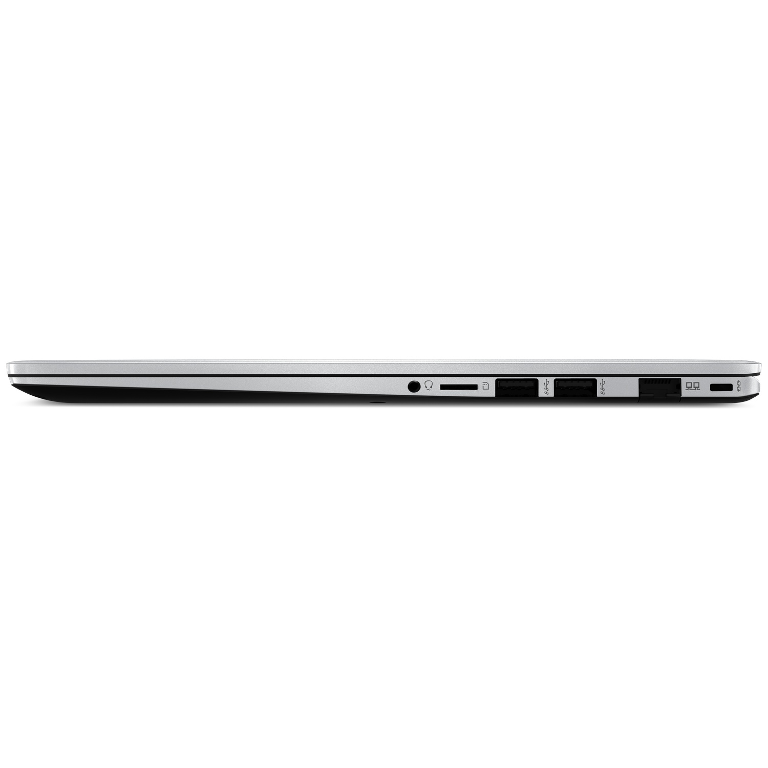 Side view of a silver laptop. Ports include audio jack, SD card slot, USB ports, and power input. Black bottom edge.