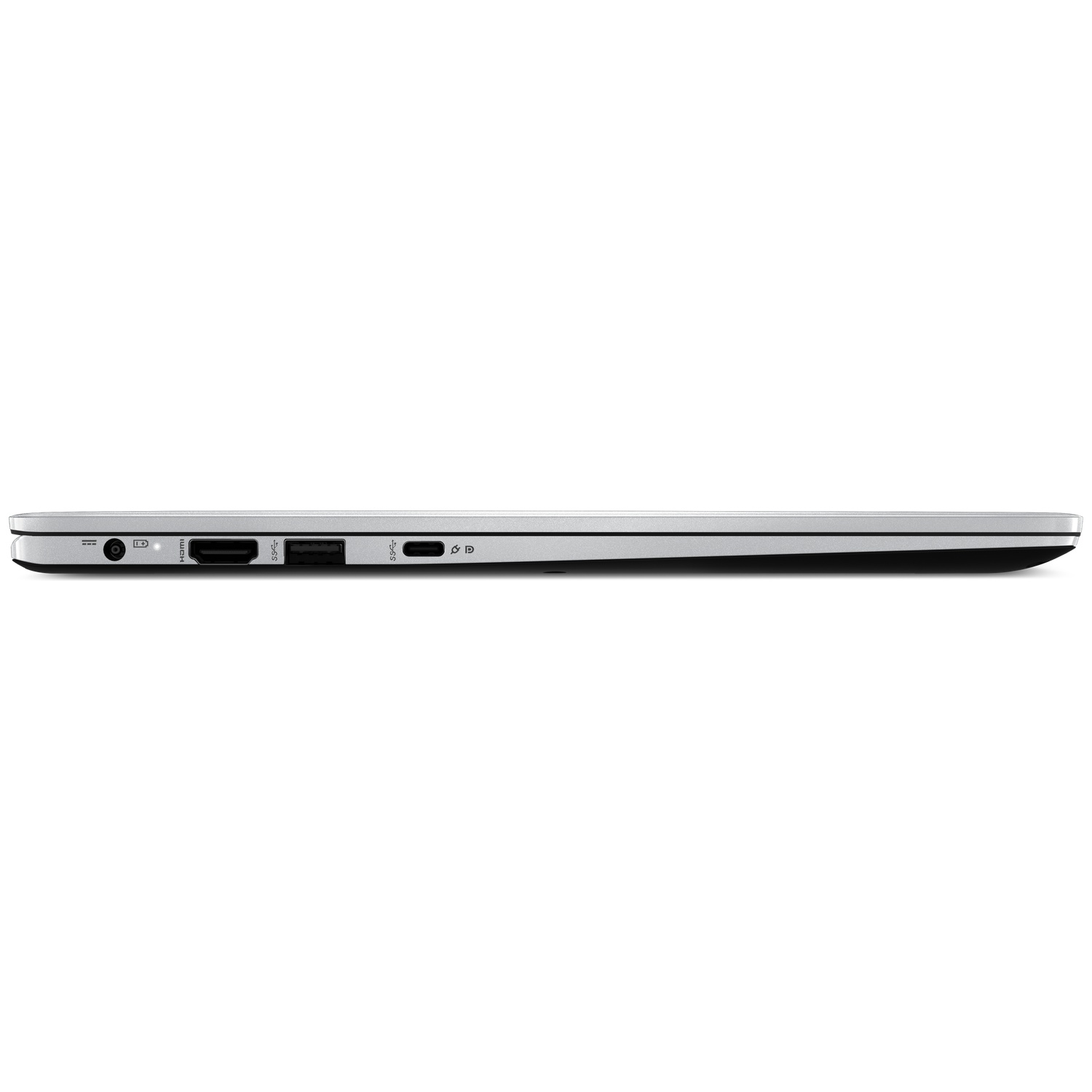 Side view of a silver laptop. Ports include audio, HDMI, USB, and SD card slot. Black edge and white background.