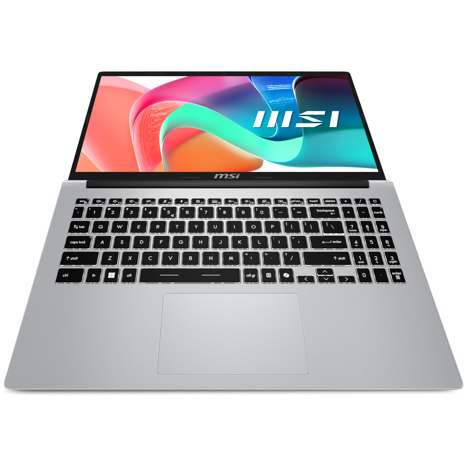 Silver laptop. The screen displays an abstract design with the MSI logo. Keyboard visible. The laptop is on a white background.