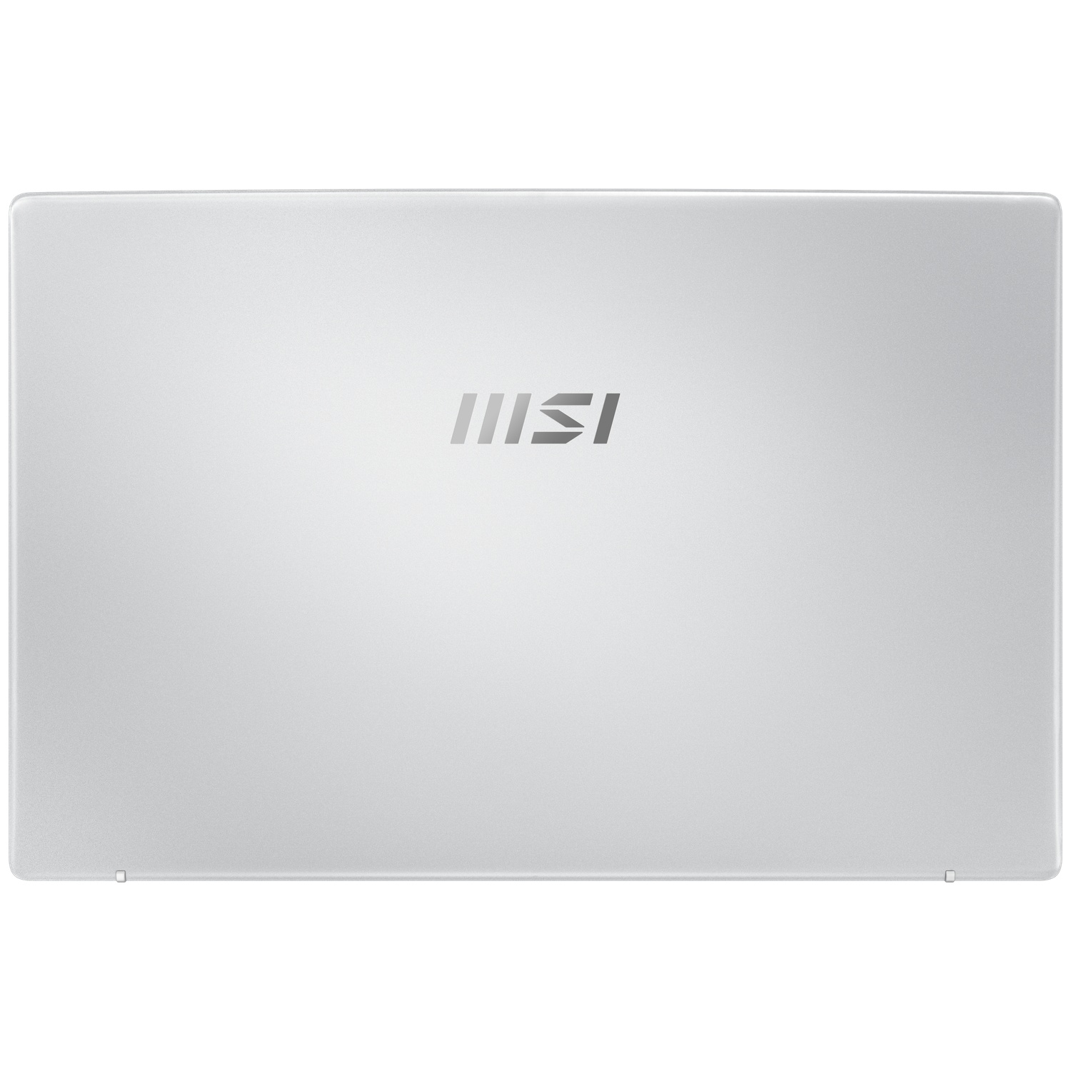 Silver laptop lid with the MSI logo in the center. The lid is smooth and reflective.
