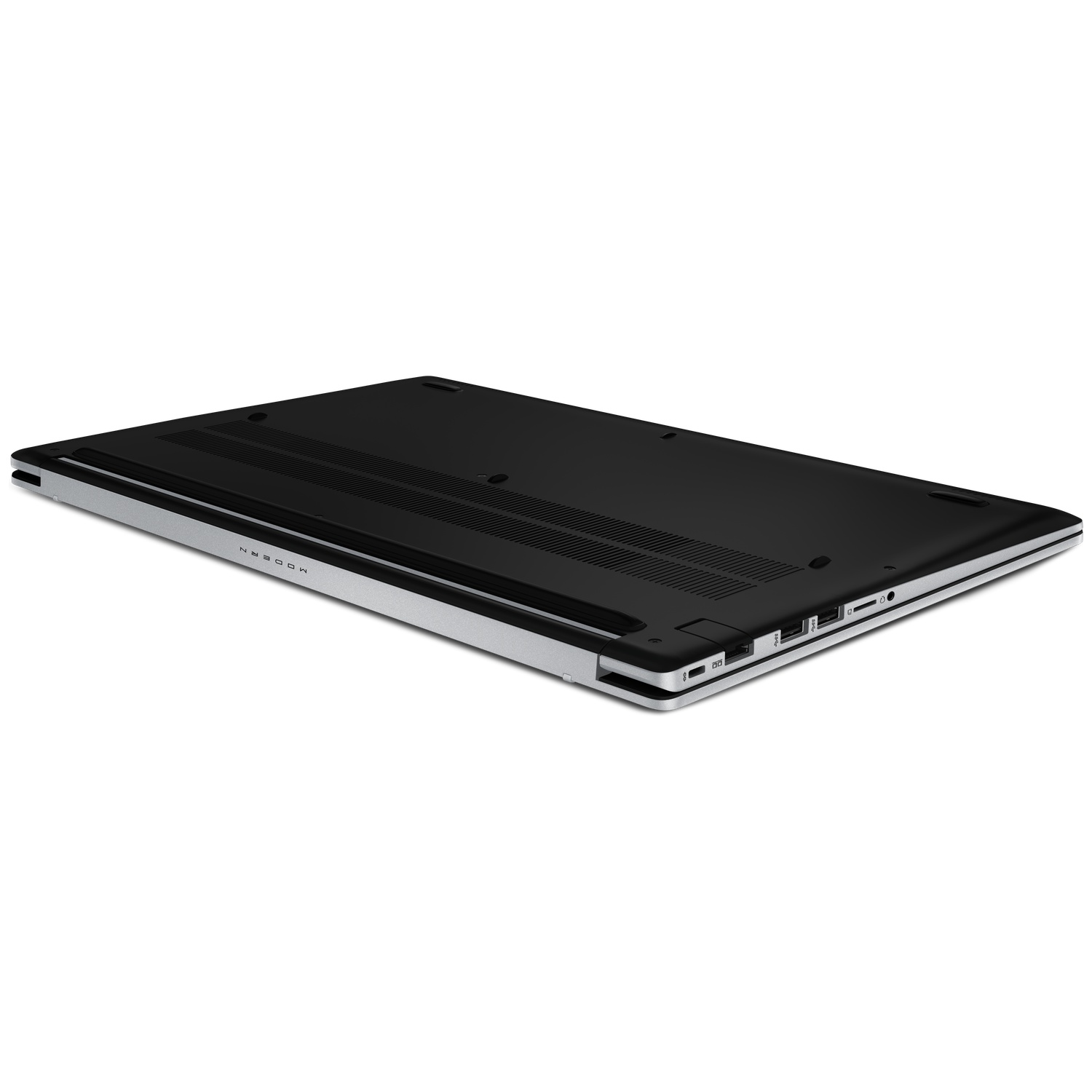 A closed black laptop with silver trim is on a white background. The word 'MODERN' is visible. Ports are on the side.
