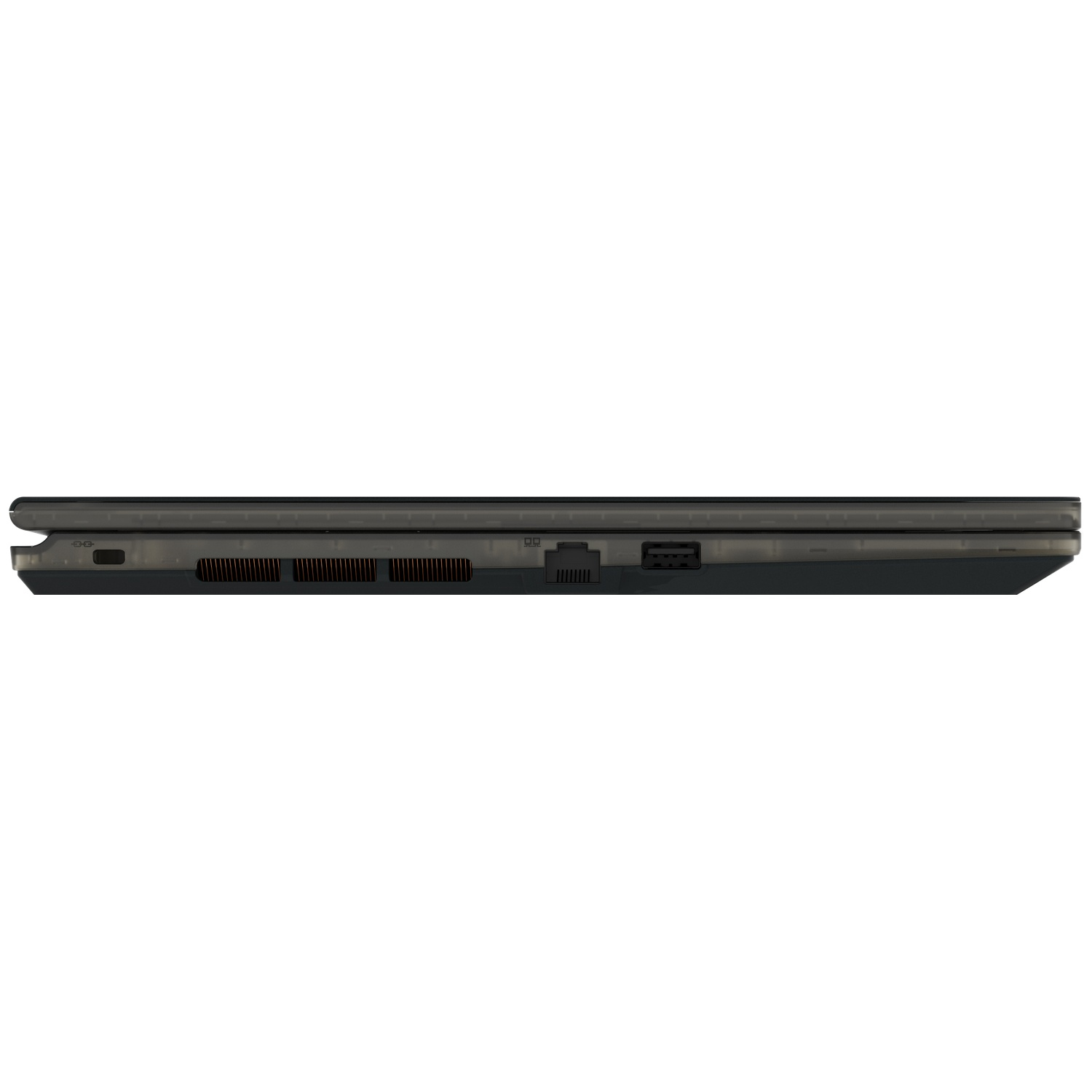 Side view of a dark laptop. Visible ports include a power input, a USB port, and an Ethernet port. The laptop is closed.