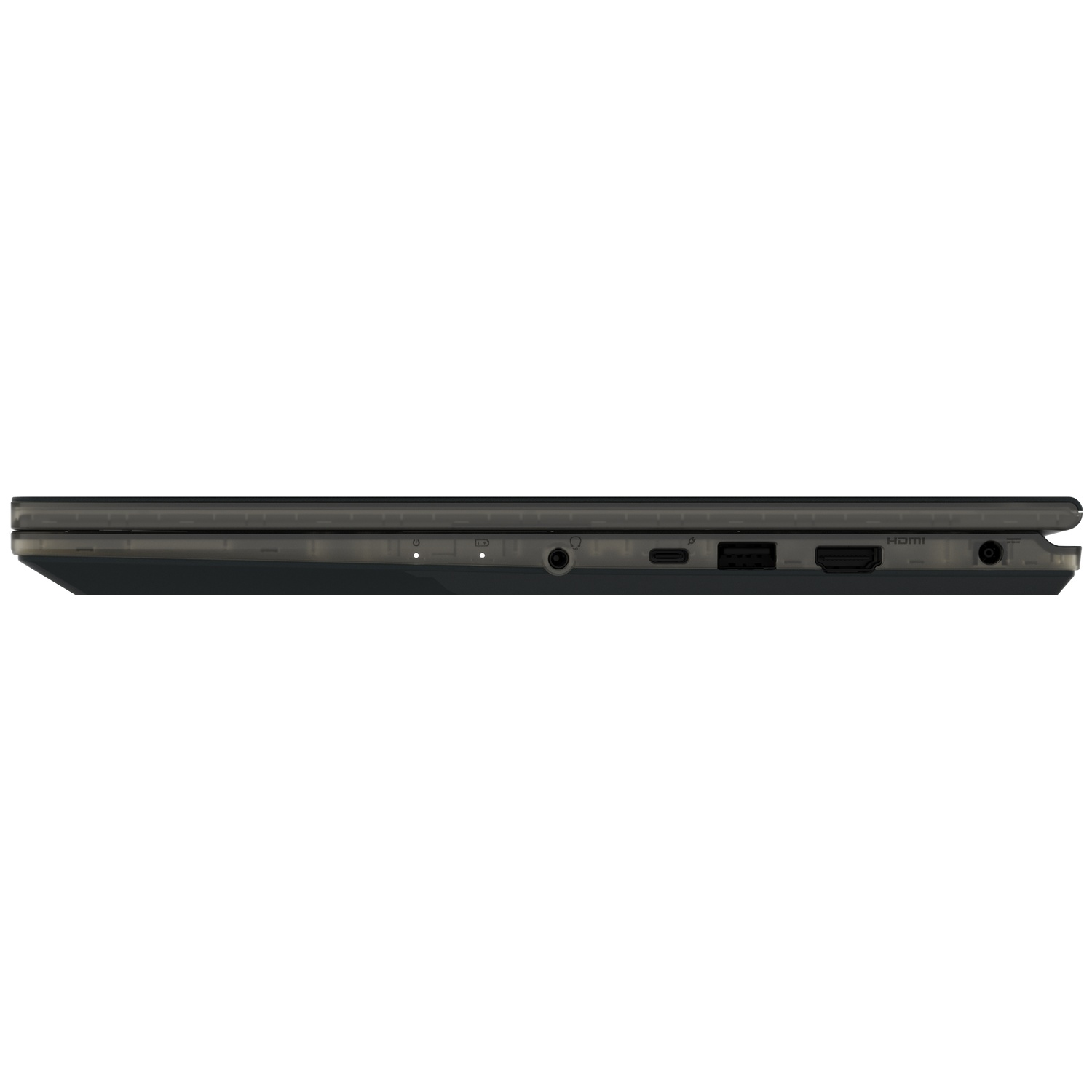 Side view of a dark laptop. Shows ports for headphones, USB-C, USB, HDMI, and power. The laptop is closed.