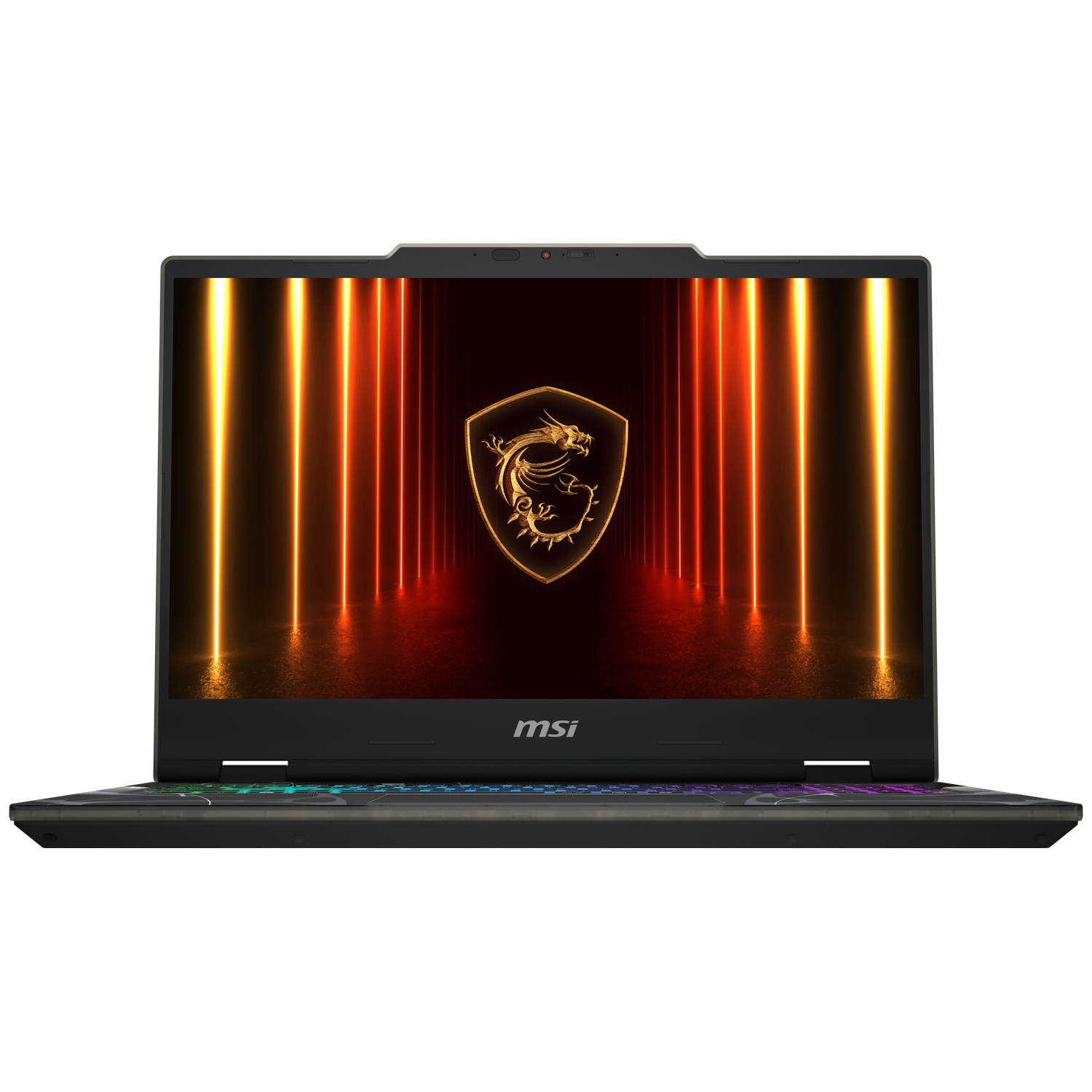 A black MSI laptop displaying a dragon logo on the screen. The screen shows orange and yellow lights. Keyboard has colorful lights.