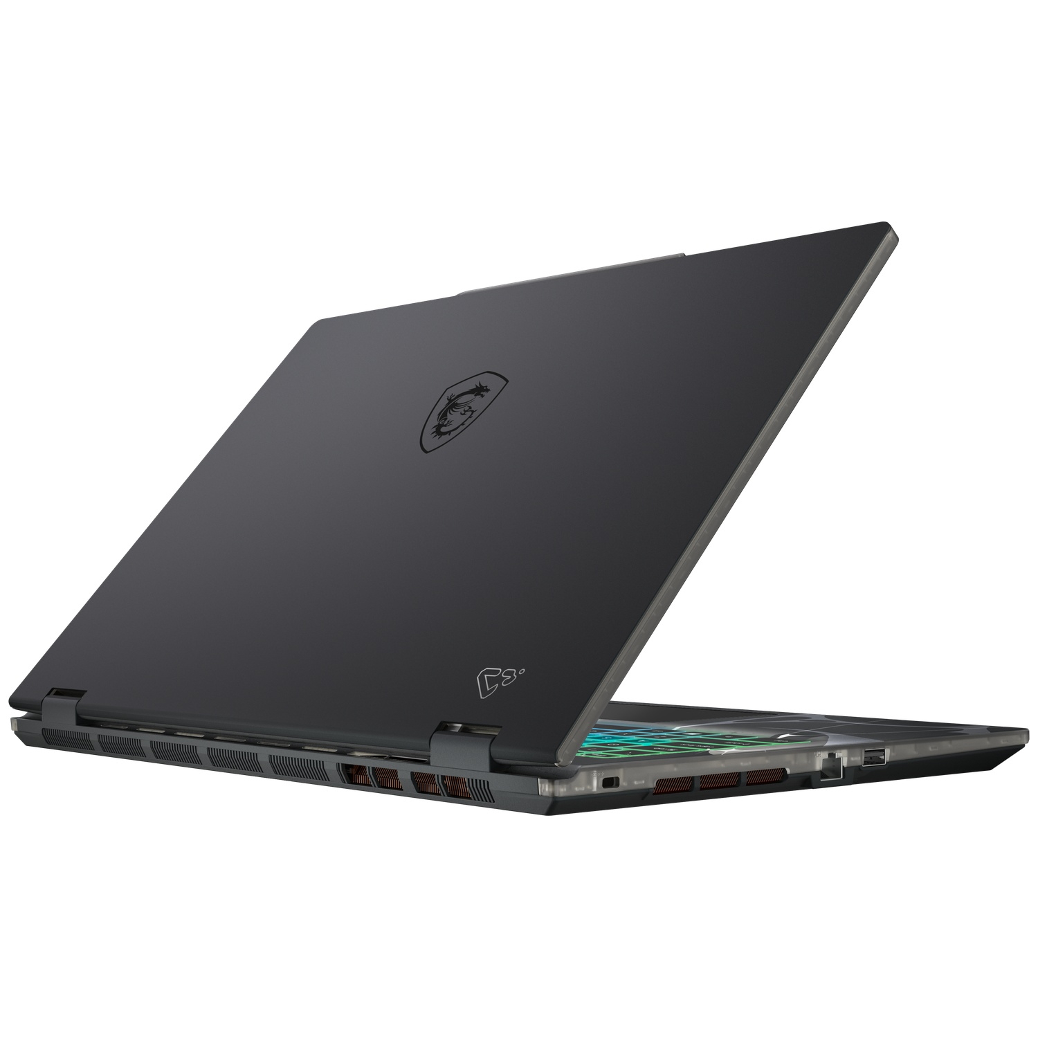 A black MSI laptop, partially open. The lid shows a logo. The bottom shows vents and ports. The screen is visible.