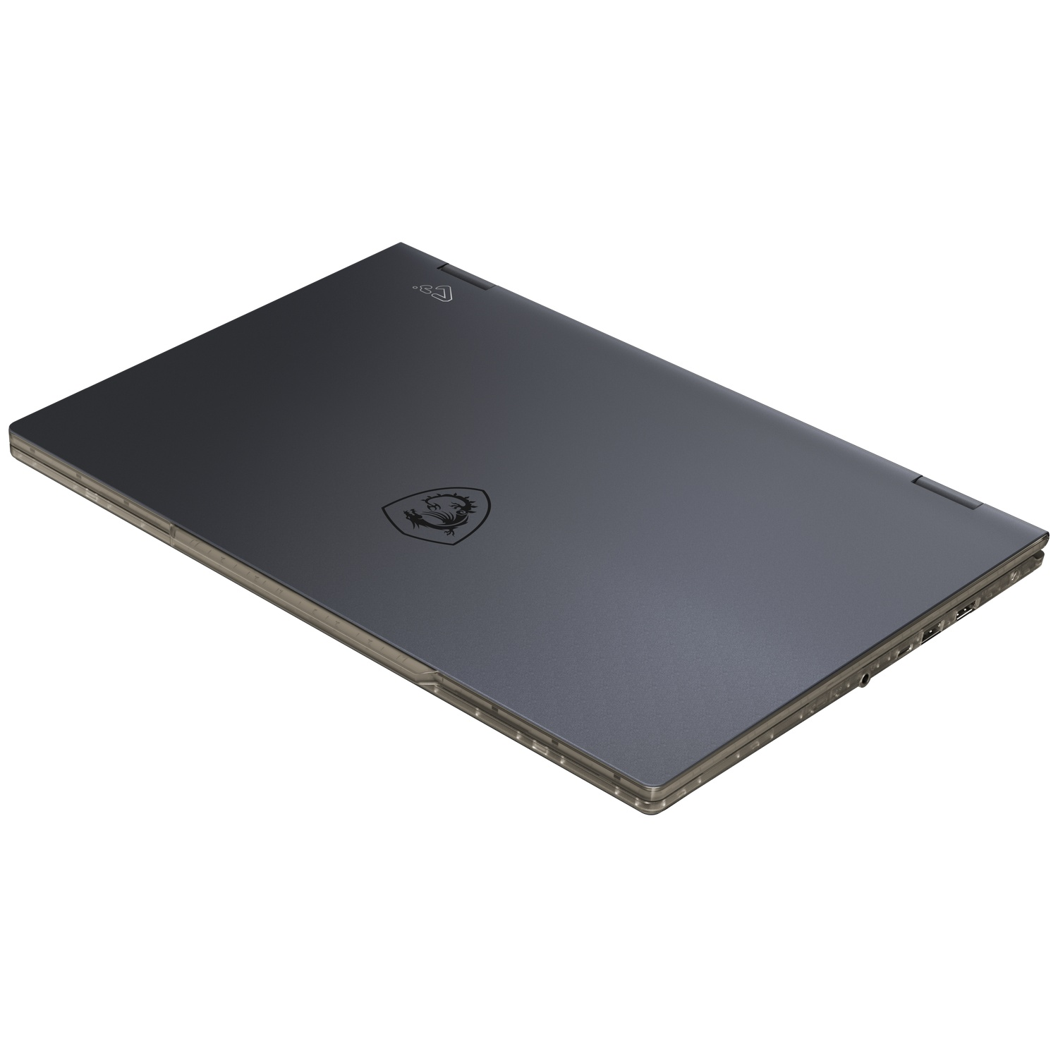 A closed, dark gray laptop with the MSI logo on the lid, set against a white background. The laptop is slightly angled.