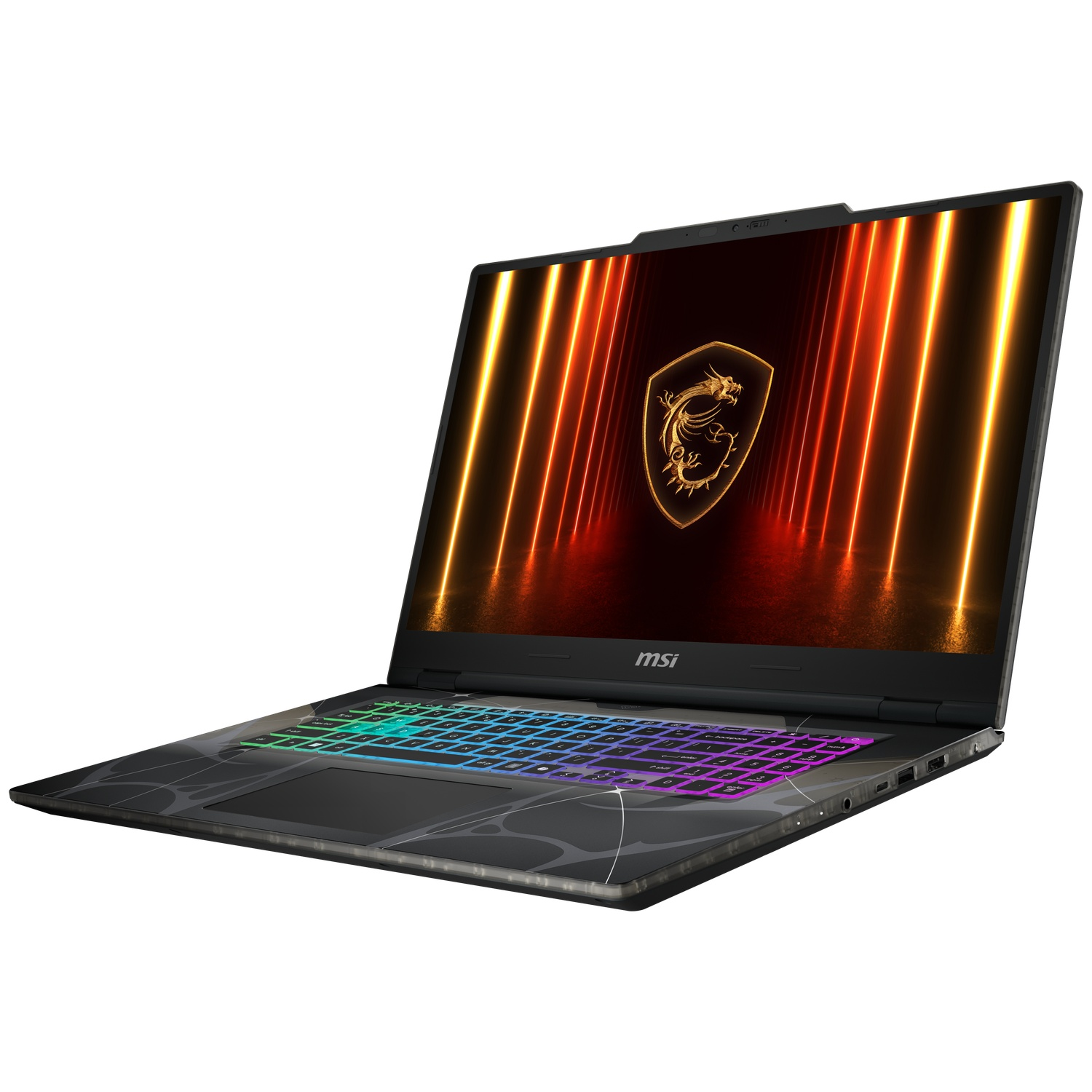MSI gaming laptop. Black with colorful backlit keyboard. Screen displays a dragon logo and orange light streaks.