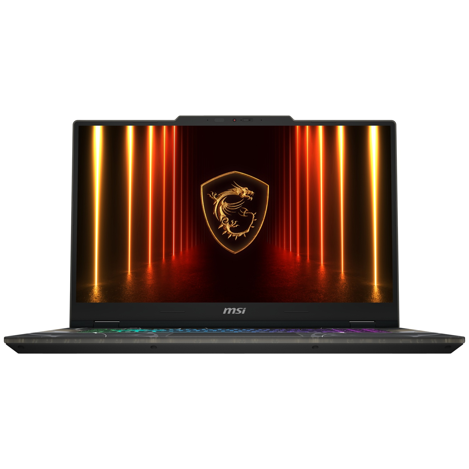 MSI laptop, black, open. Screen shows a gold dragon shield against a neon orange background. Keyboard has rainbow lights.