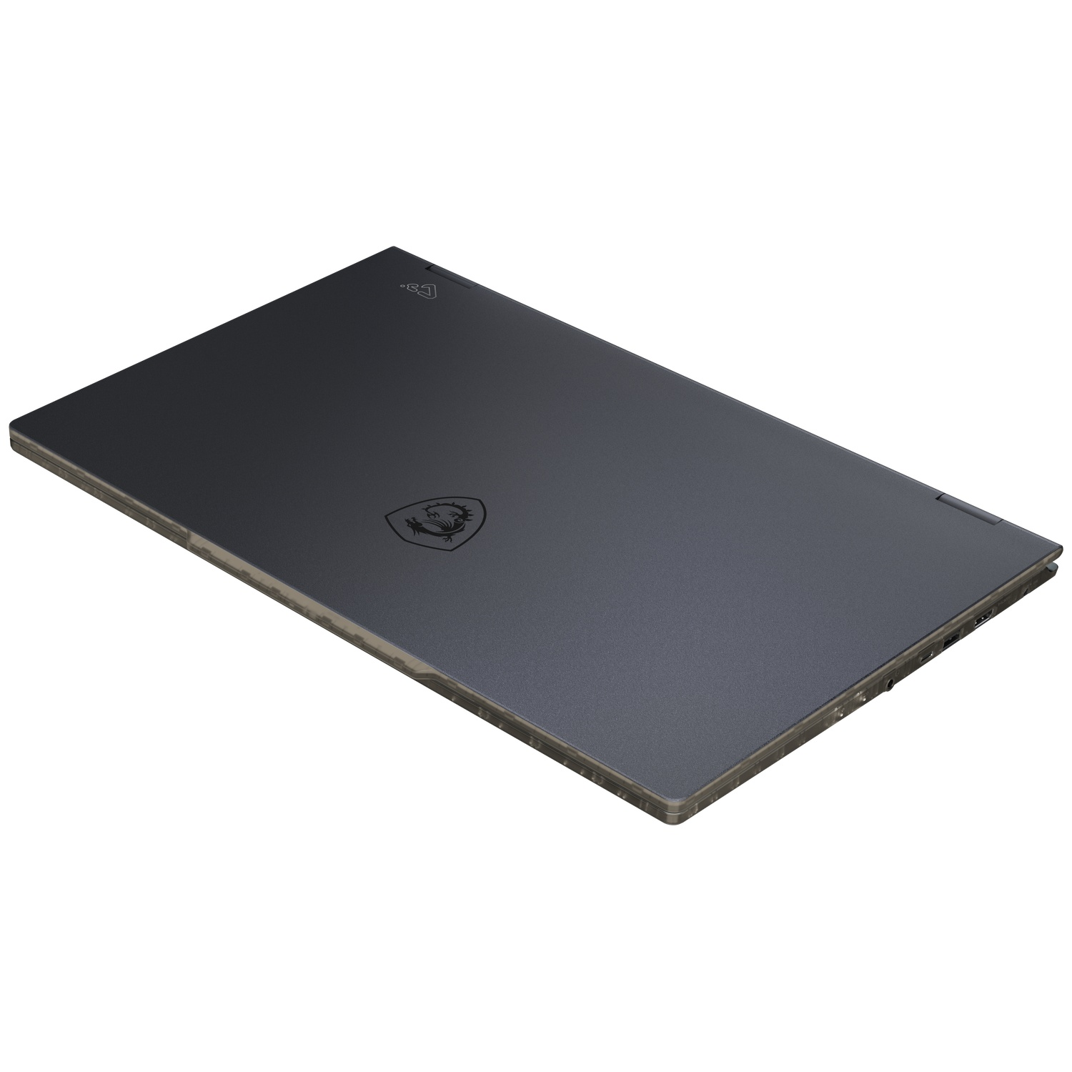 A closed, dark gray laptop on a white background. The MSI logo is visible. The laptop has a sleek, modern design.
