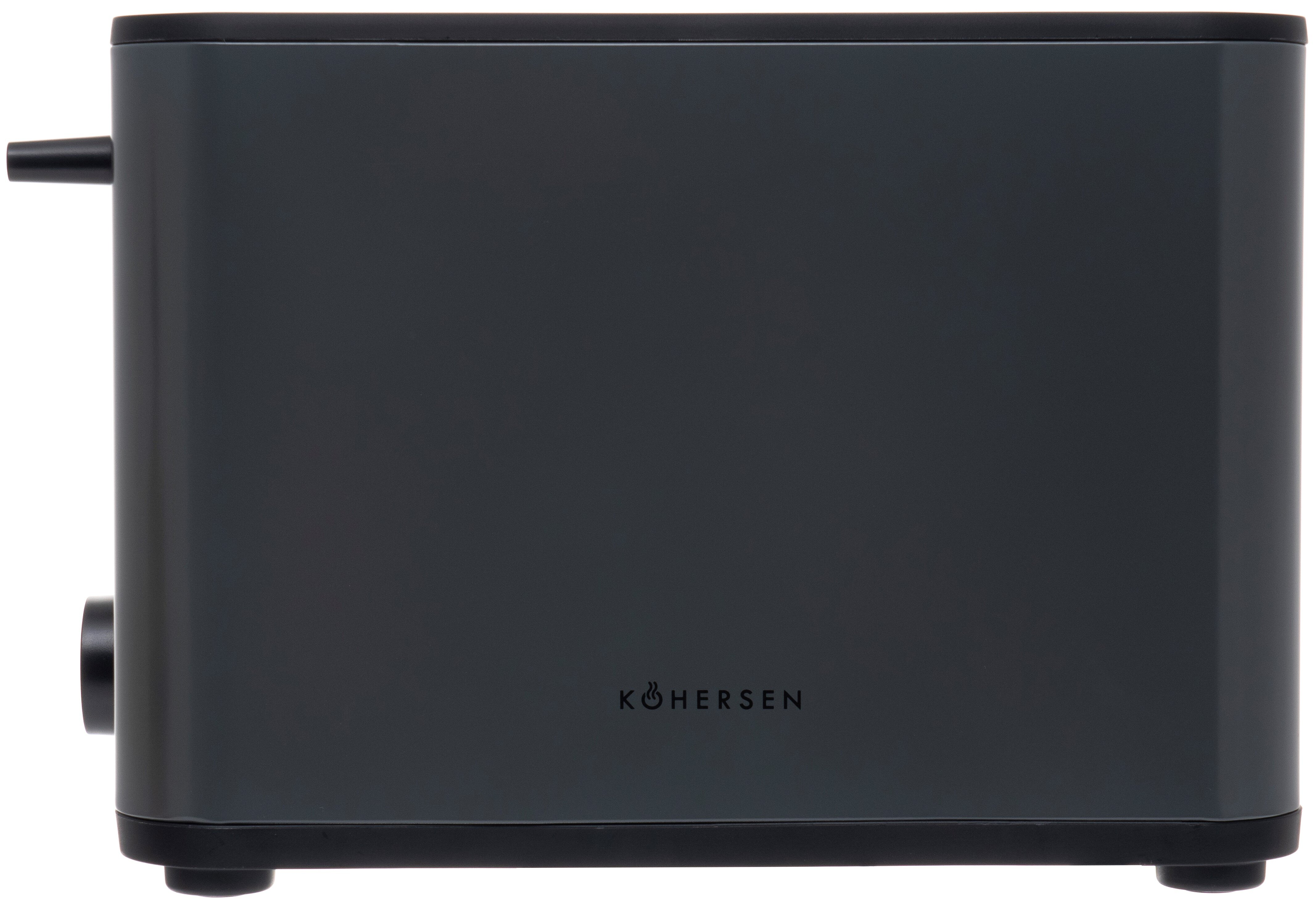 Szary toster z czarnym uchwytem i nazwą marki na dole. Toster jest na białym tle.