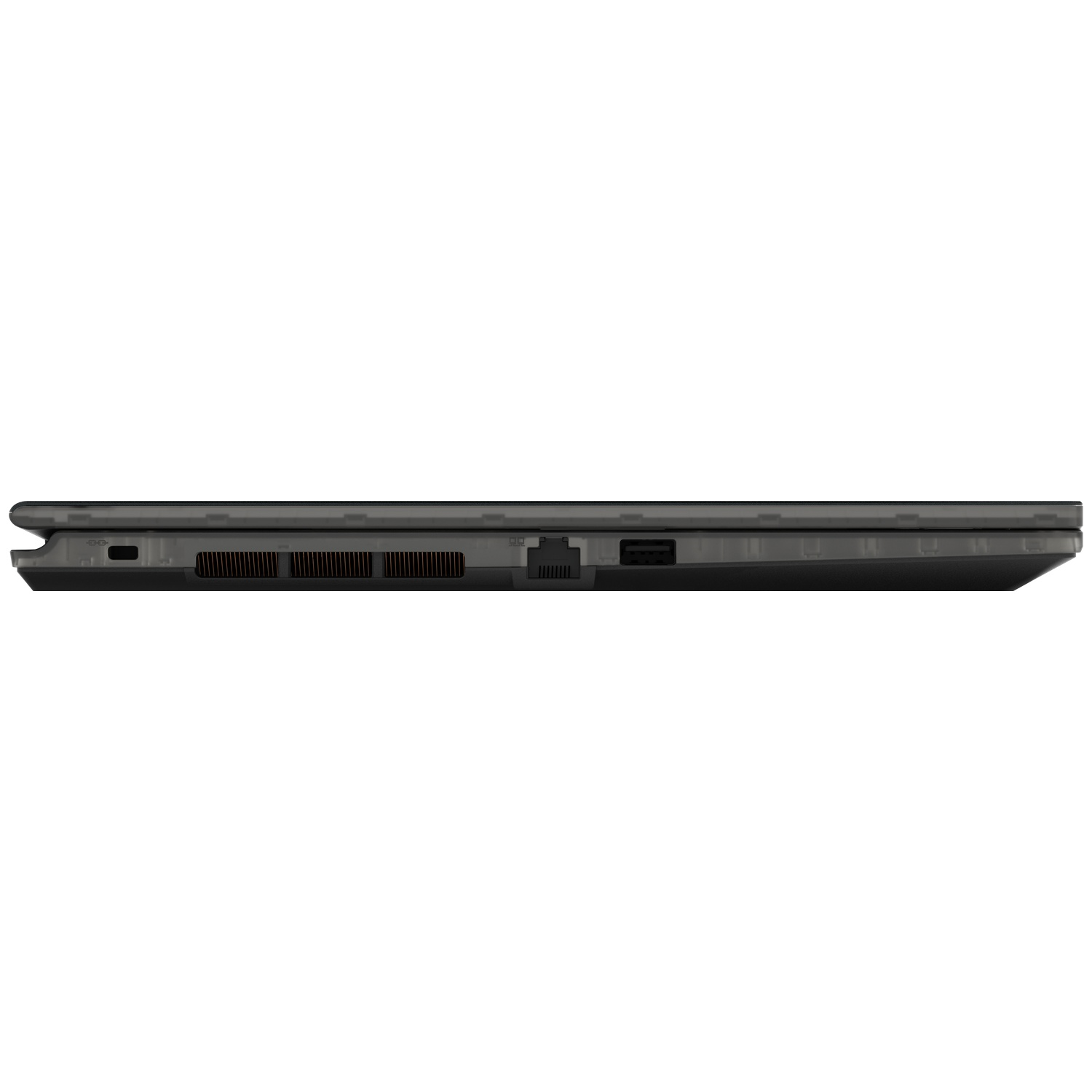 Side view of a dark gray laptop. Various ports and vents are visible along the side. The laptop is closed.