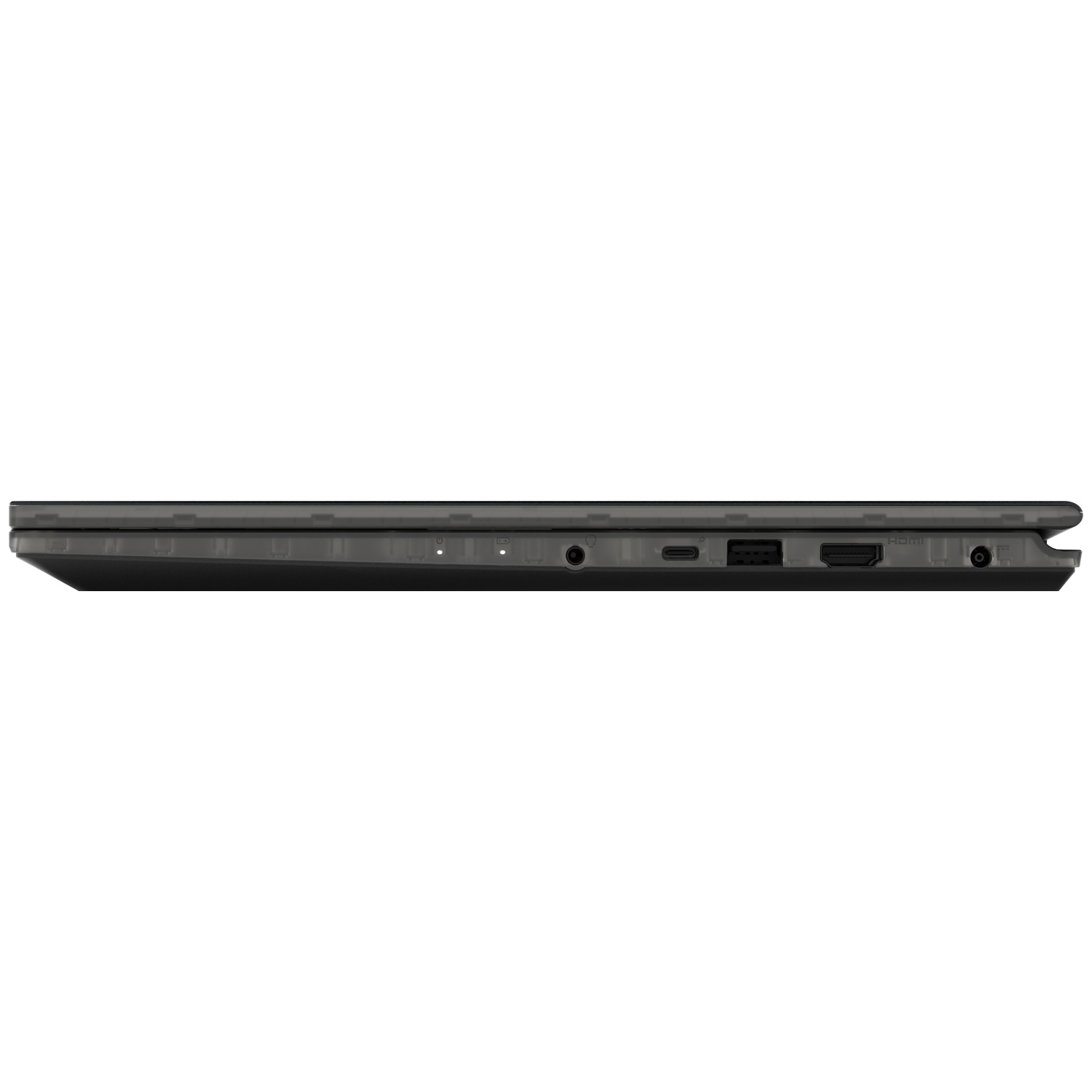 Side view of a dark gray laptop. Ports are visible, including HDMI, USB-C, and power. The laptop is closed and set against a white background.