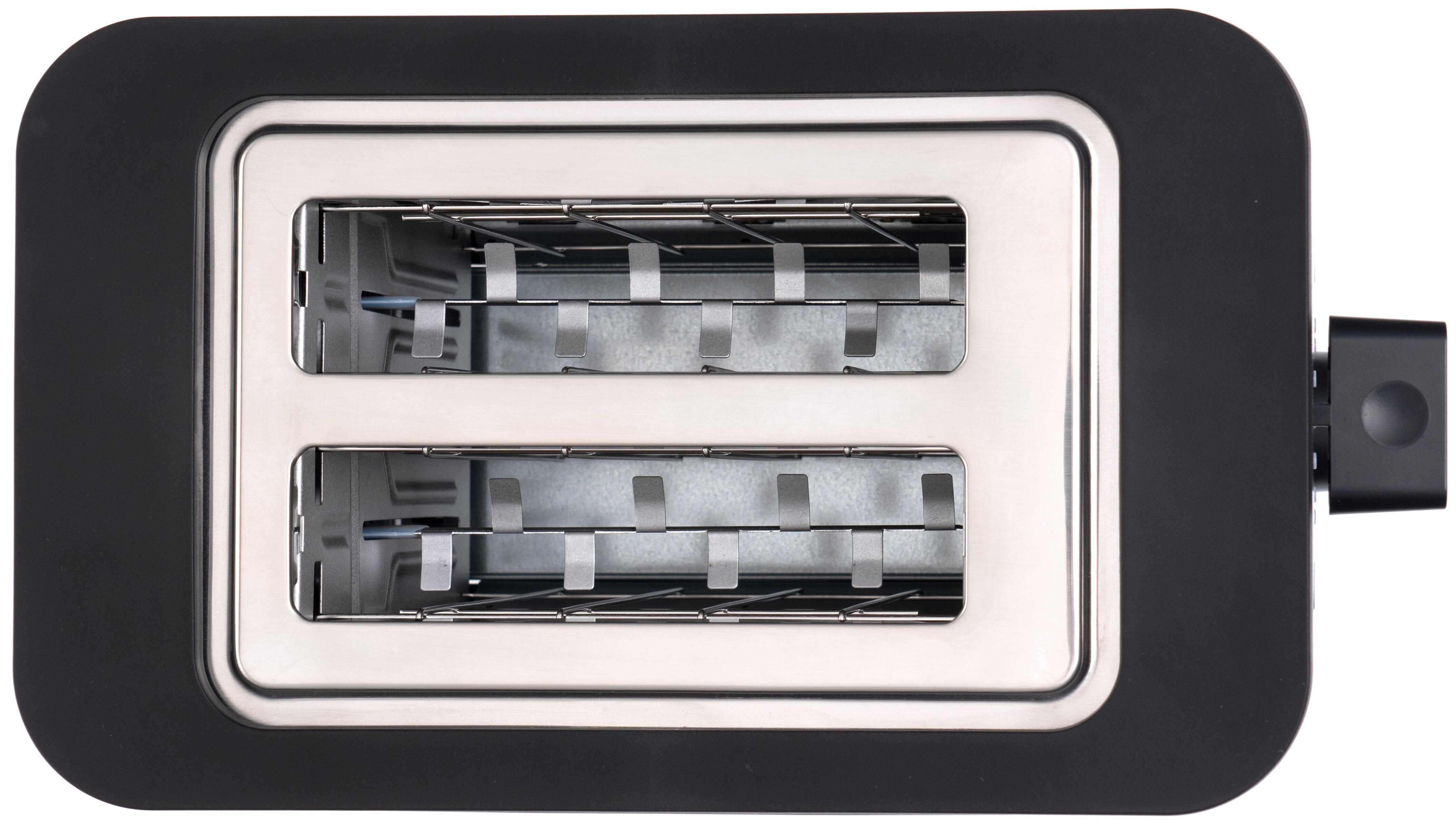 Widok z góry na czarny i srebrny toster. Widoczne są dwa otwory, z elementami grzewczymi i prowadnicami na chleb. Rama jest czarna.