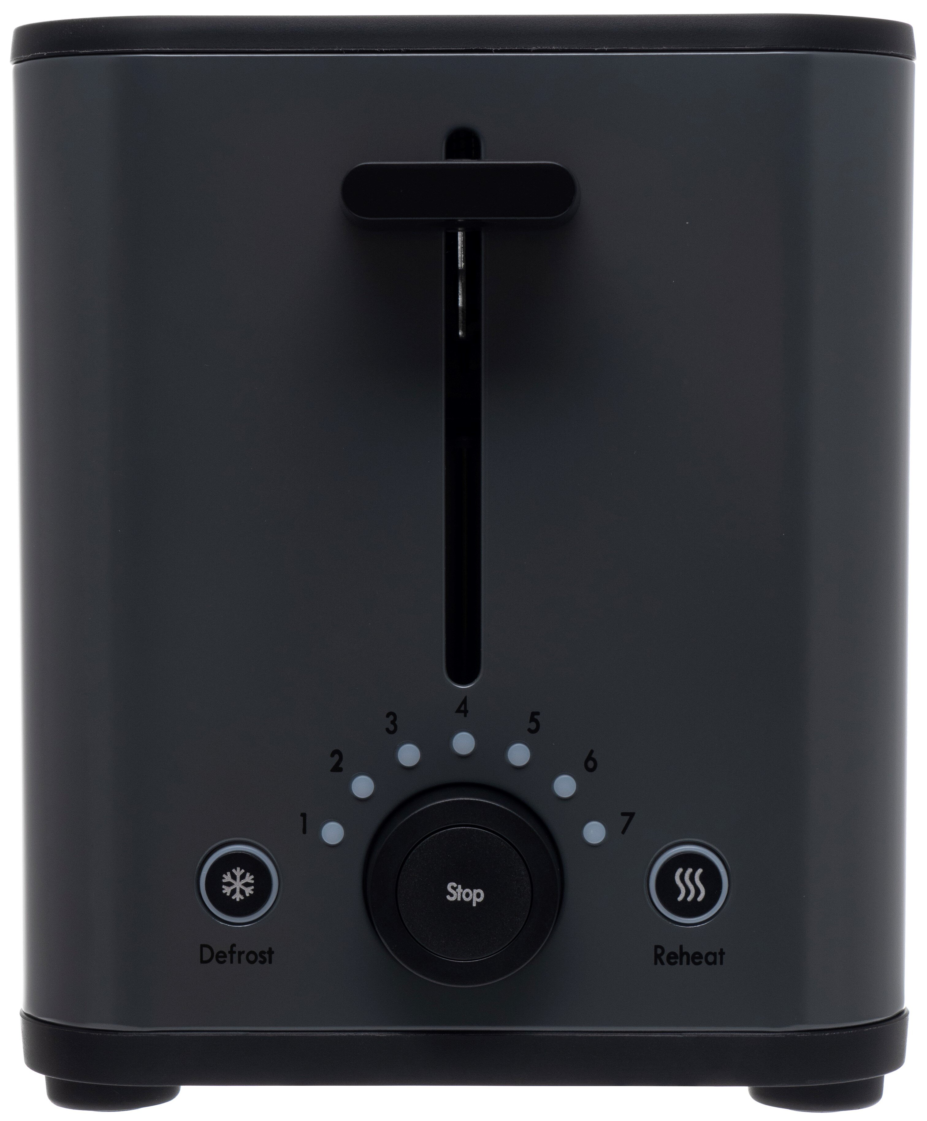Ciemnoszary toster z pokrętłem z numeracją 1-7, przyciskami rozmrażania i podgrzewania oraz przyciskiem stop.