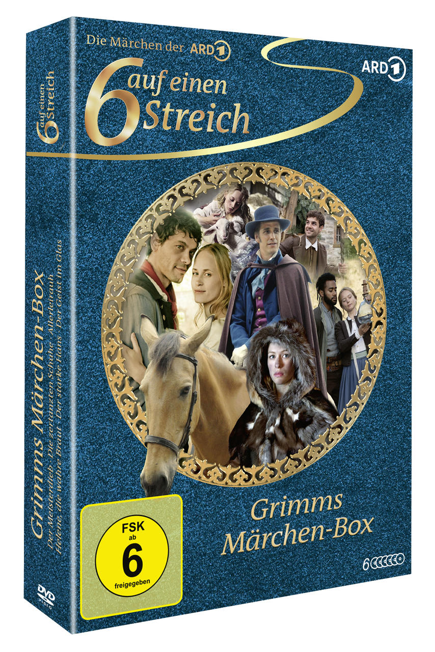 DVD-Box mit Porträts von Darstellern, Titel 'Grimms Märchen-Box'. Enthält Personen, ein Pferd und Textelemente auf blauem Grund.