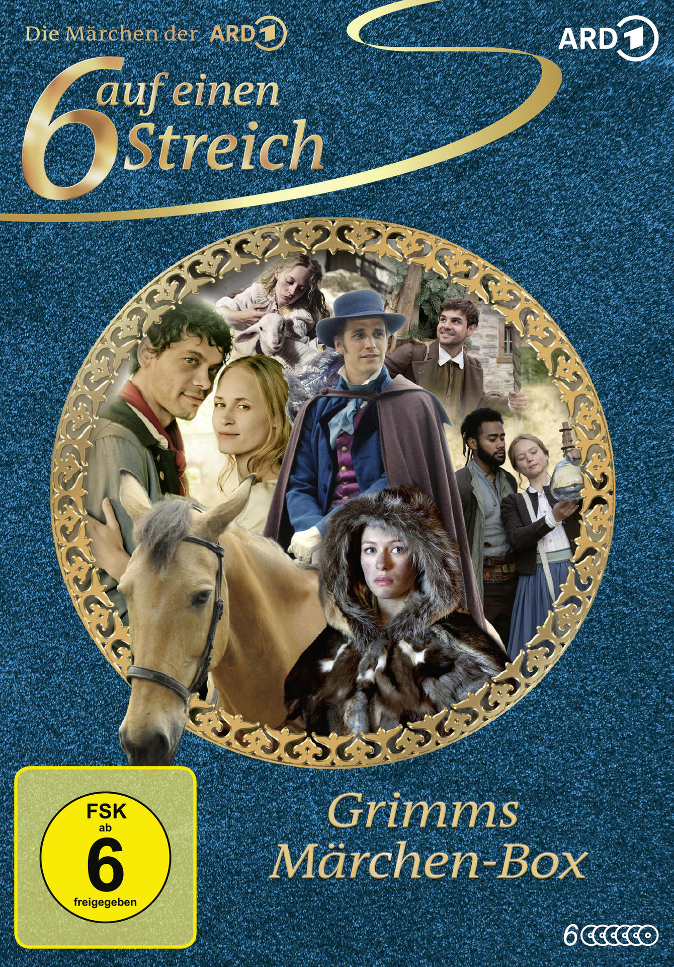 Cover für 'Grimms Märchen-Box'. Porträts der Darsteller in einem goldenen Rahmen auf blauem Grund, mit Titel und ARD-Logo.