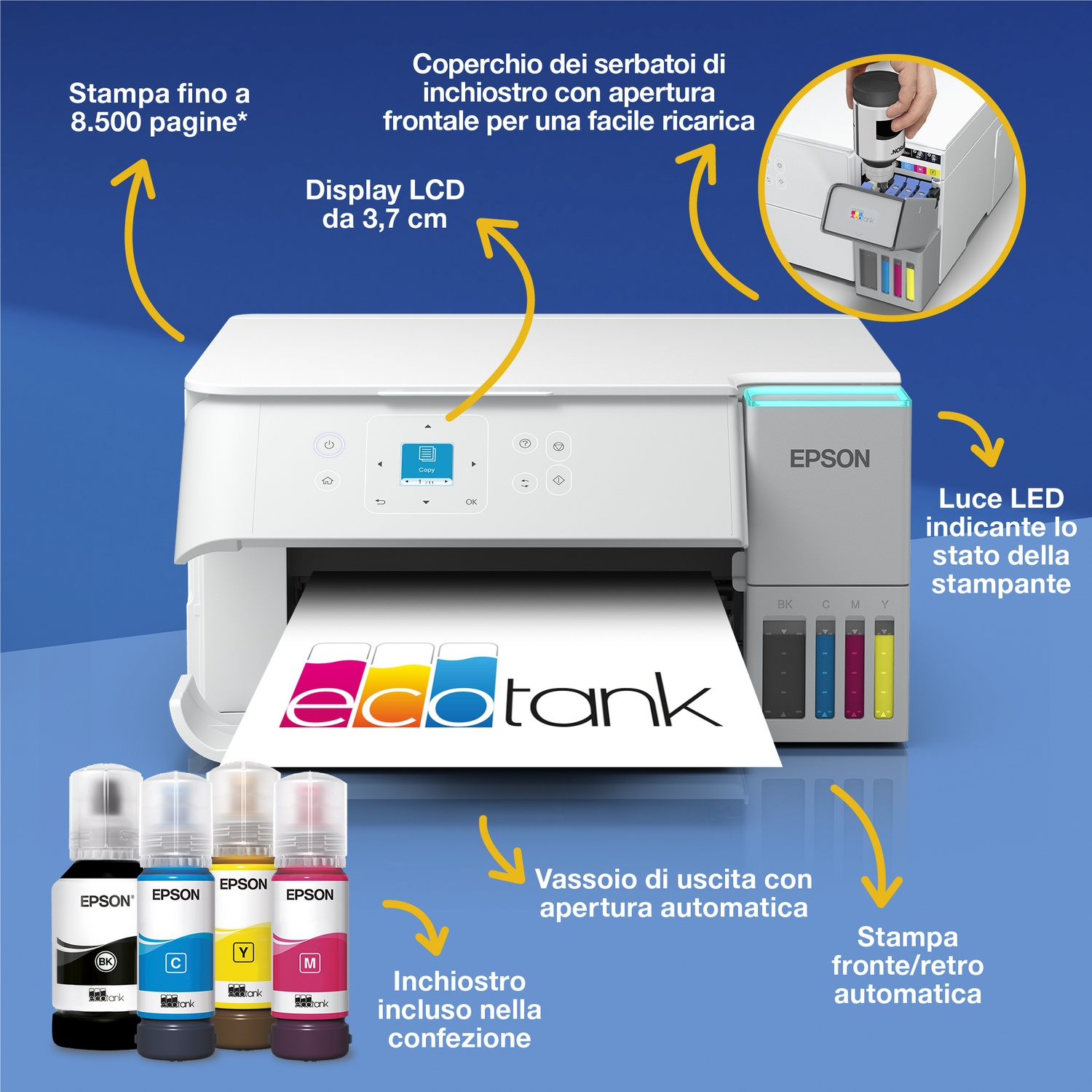Una stampante Epson con flaconi d'inchiostro, display e vassoio carta. Testo: 'ecotank', 'inchiostro incluso' e 'stampa automatica'.