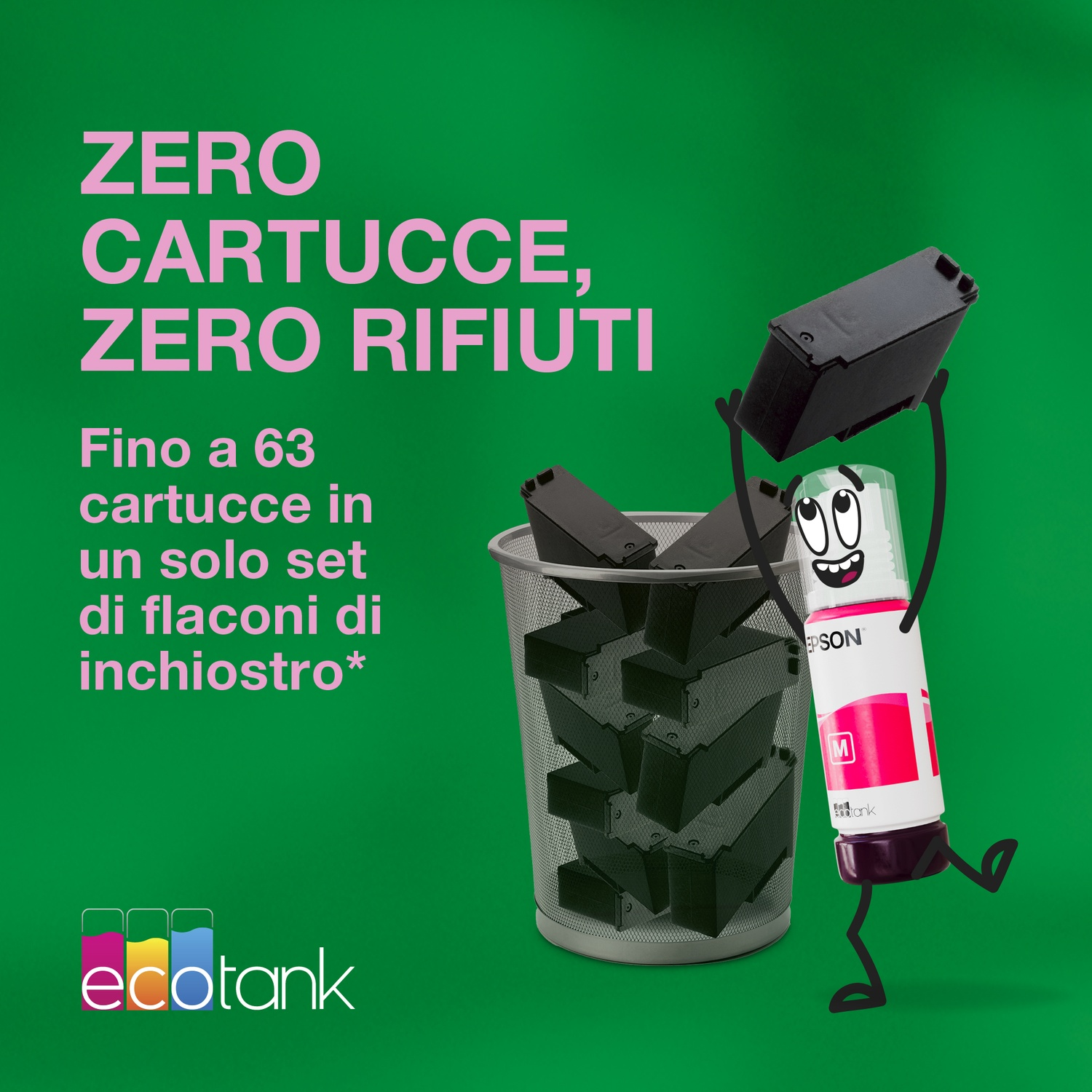 Un personaggio di una bottiglia di inchiostro Epson con la faccia sorridente getta cartucce d'inchiostro in un cestino, sfondo verde con testo.