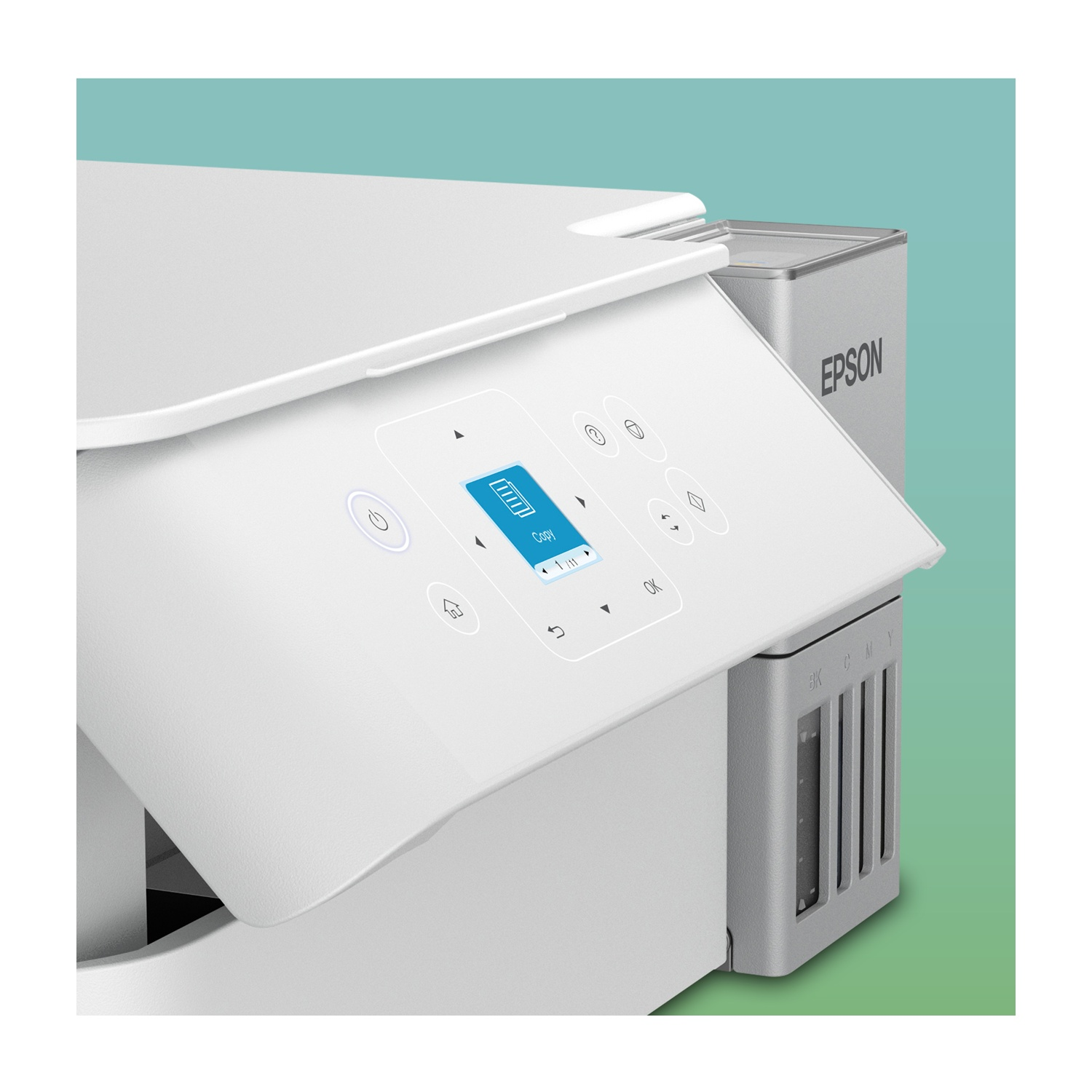 Una stampante Epson bianca e grigia. Uno schermo blu mostra un'icona della batteria. La stampante ha pulsanti e serbatoi d'inchiostro.