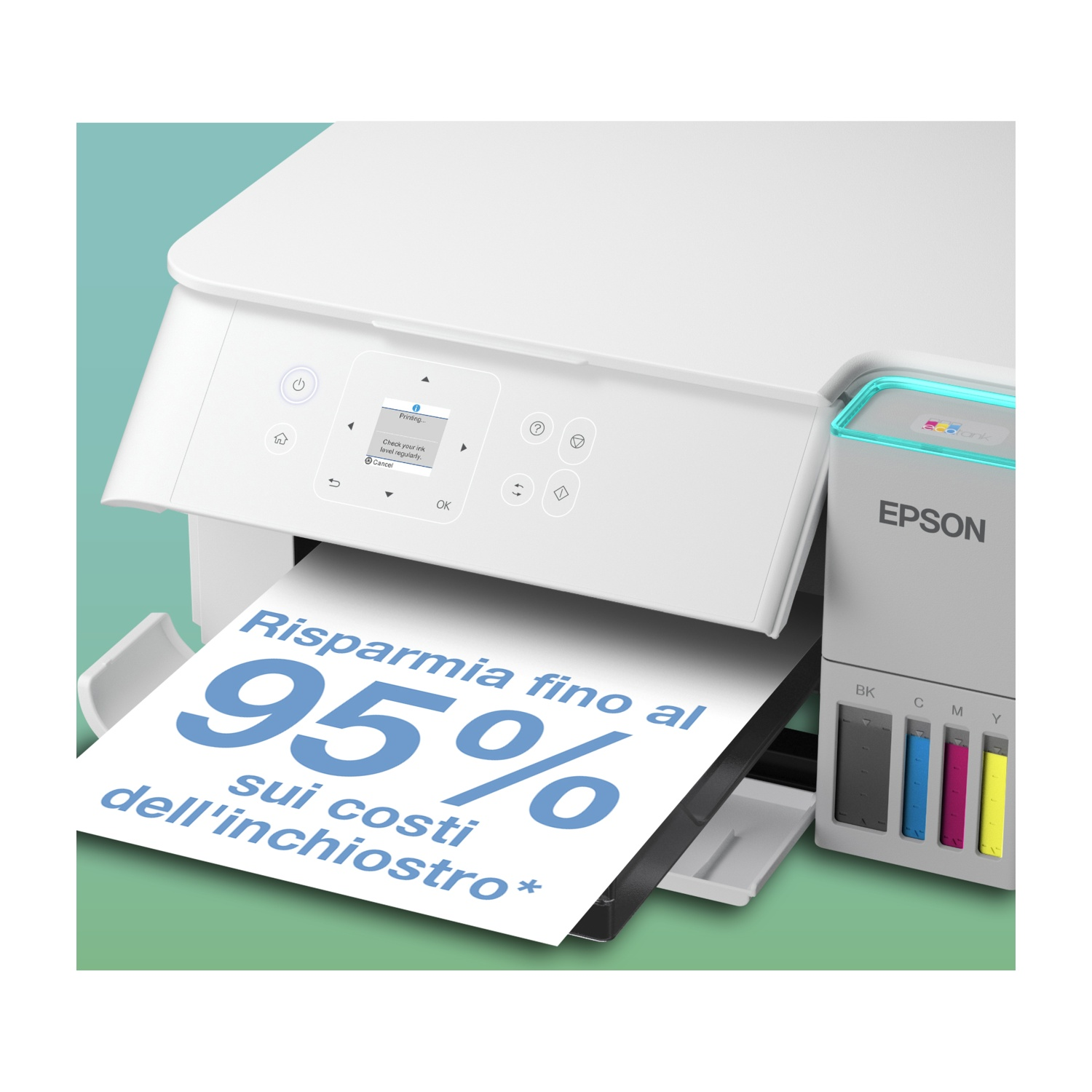 Una stampante Epson bianca che stampa su carta con il testo: 'Risparmia fino al 95% sui costi dell'inchiostro*'. I serbatoi di inchiostro sono visibili.