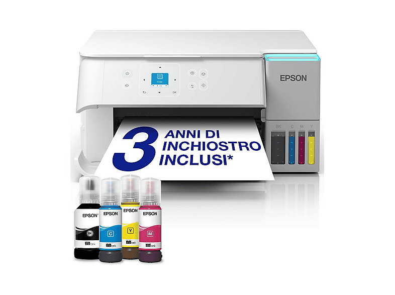 Stampante Inkjet Multifunzione 3 in 1 a colori EPSON EcoTank ET-2956, A4, Fronte retro automatico, WiFi, Bianca