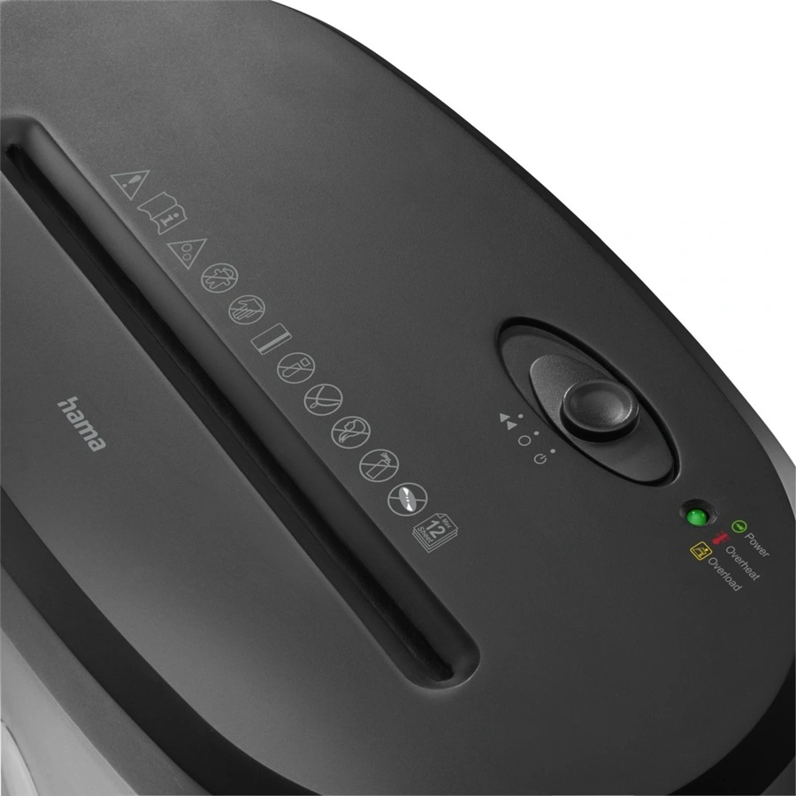 Czarna niszczarka do papieru z pokrętłem, lampkami kontrolnymi i szczeliną na papier. Marka to hama.