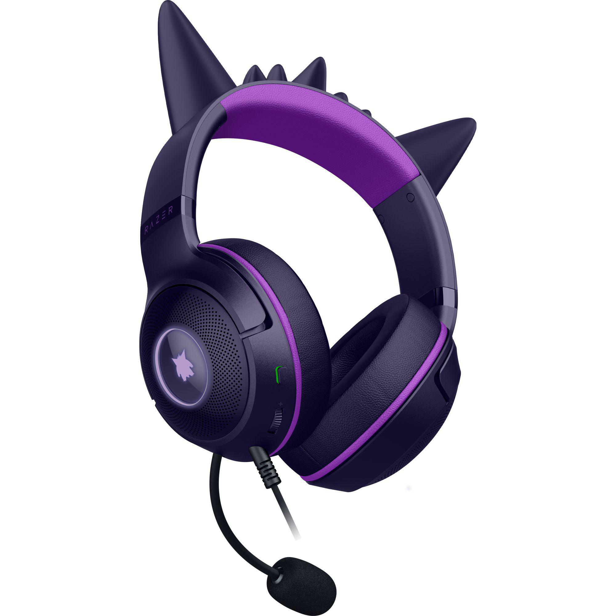 Lila-schwarzes Razer-Gaming-Headset. Verfügt über ein Katzenohren-Design, Mikrofon und Lautstärkeregler.