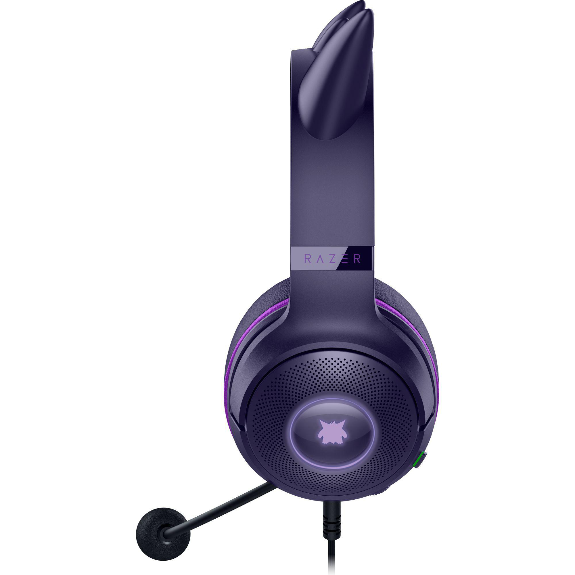 Ein lila Razer-Gaming-Headset mit Mikrofon. Das Headset befindet sich auf weißem Hintergrund.