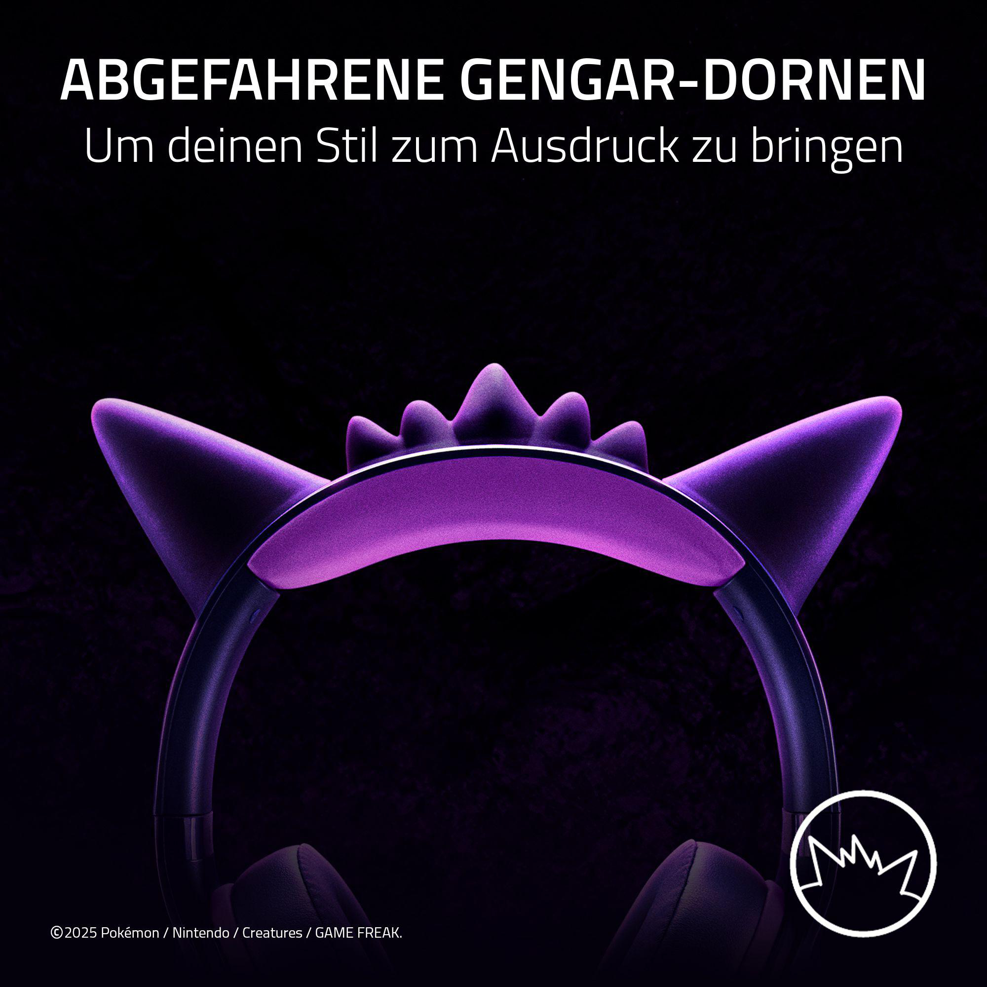 Kopfhörer mit lila Gengar-Design. Schwarzer Hintergrund. Text oben: ABGEFAHRENE GENGAR-DORNEN. Logo unten rechts.
