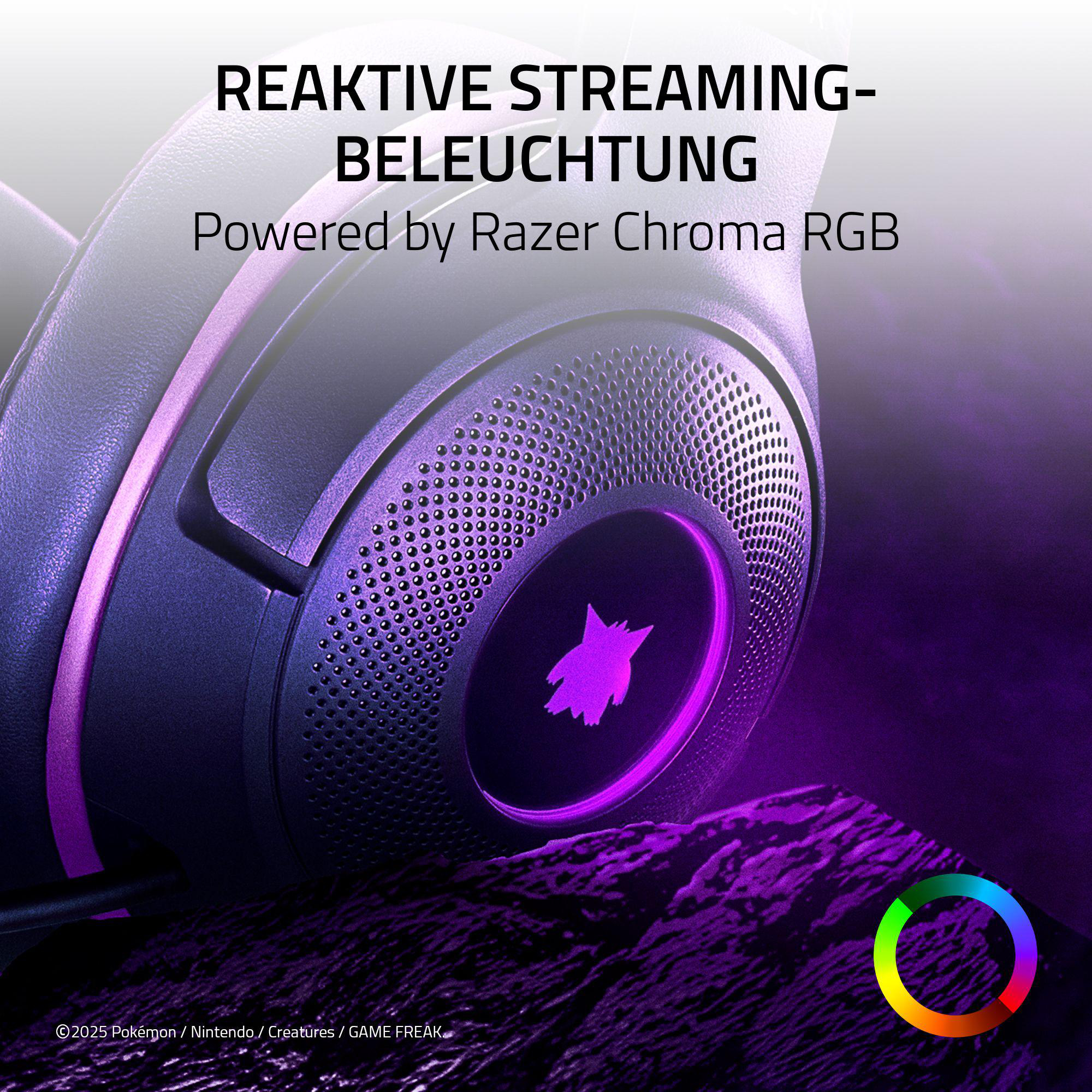 Kopfhörer mit lilafarbenen Akzenten, Text: Reactive Streaming-Beleuchtung, Powered by Razer Chroma RGB. Ein farbenfroher Kreis.