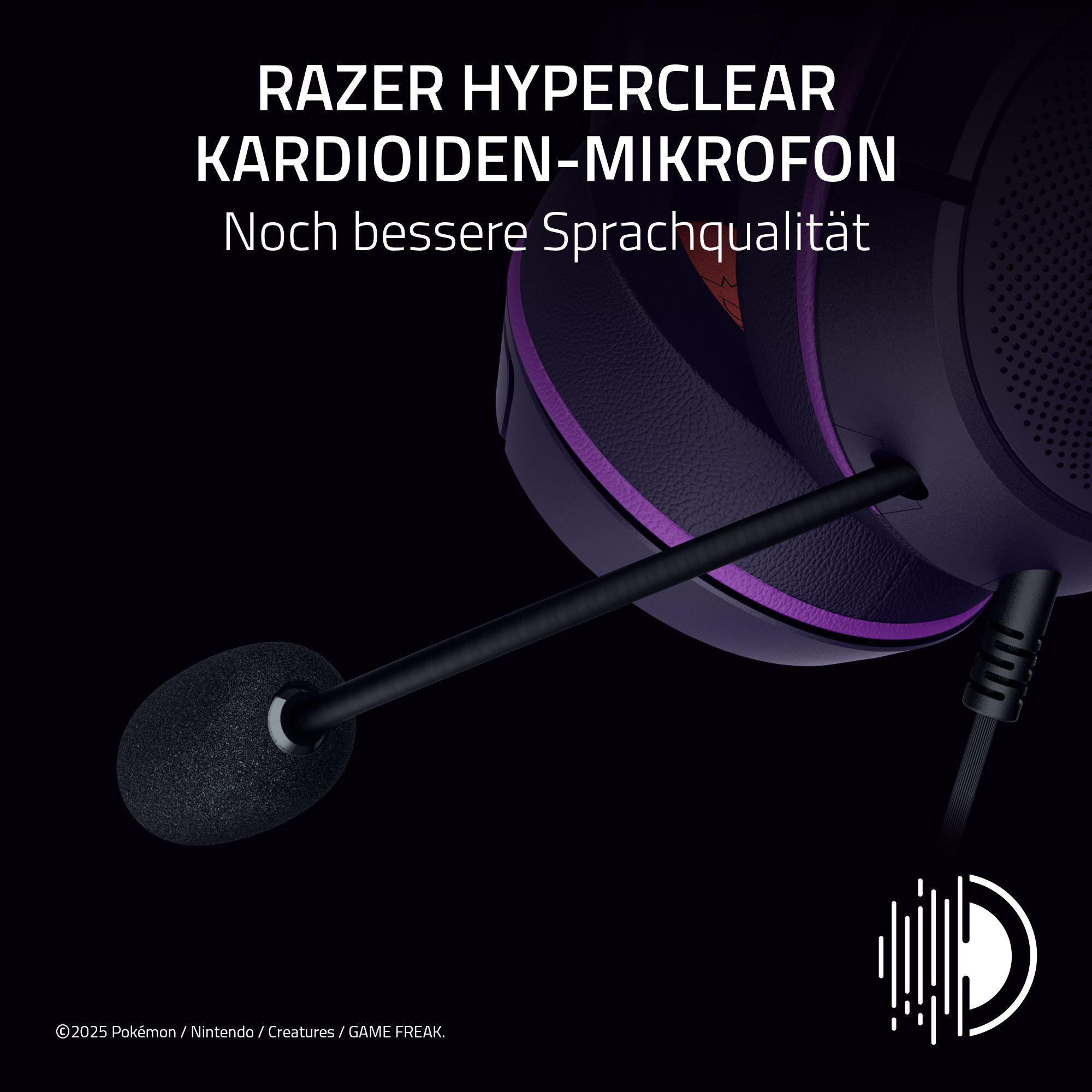 Headset mit Mikrofon, schwarz und lila. Text: RAZER HYPERCLEAR KARDIOIDEN-MIKROFON. Hintergrund ist schwarz.