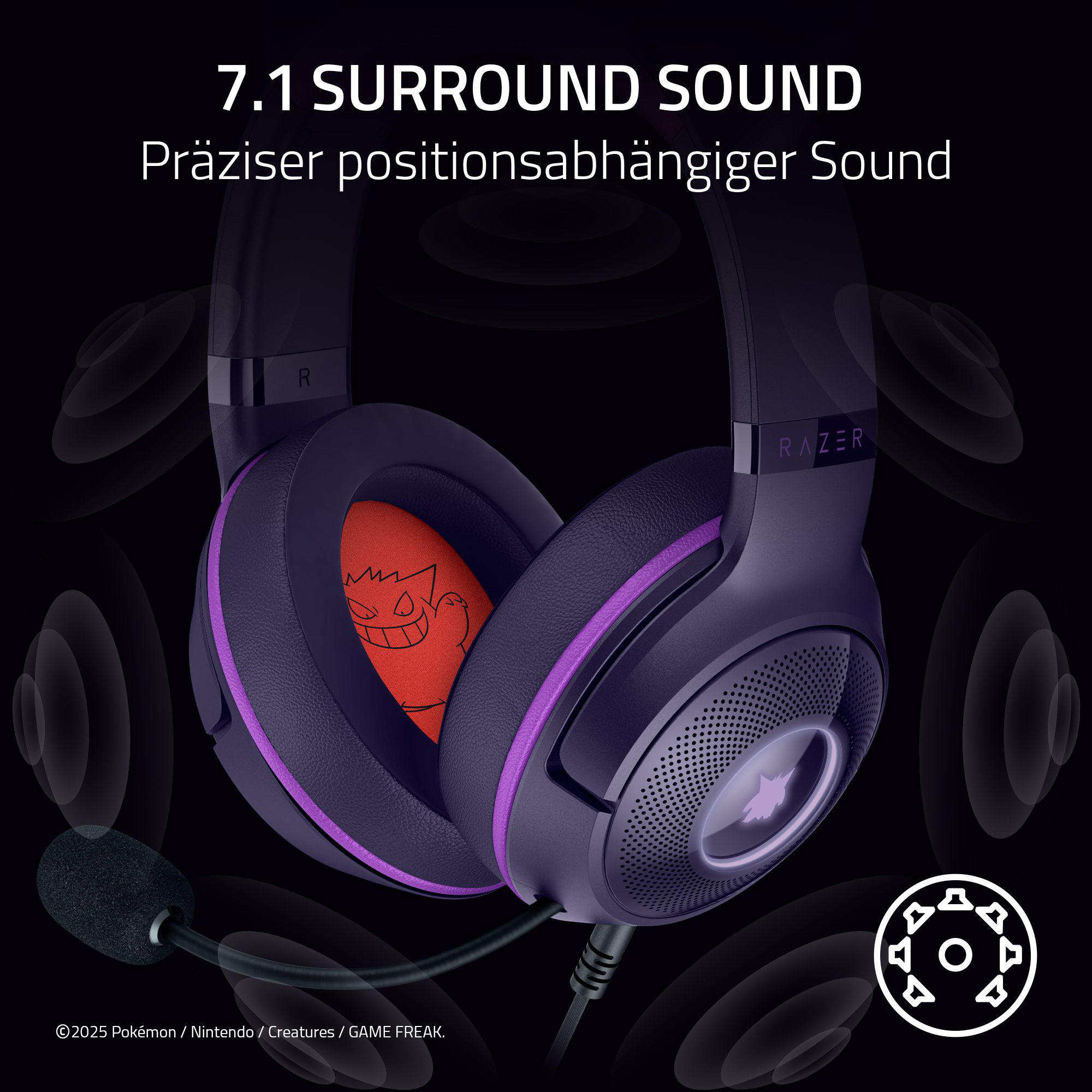 Lila Razer 7.1 Surround-Sound-Kopfhörer mit Gengar-Design auf der Ohrmuschel vor schwarzem Hintergrund.