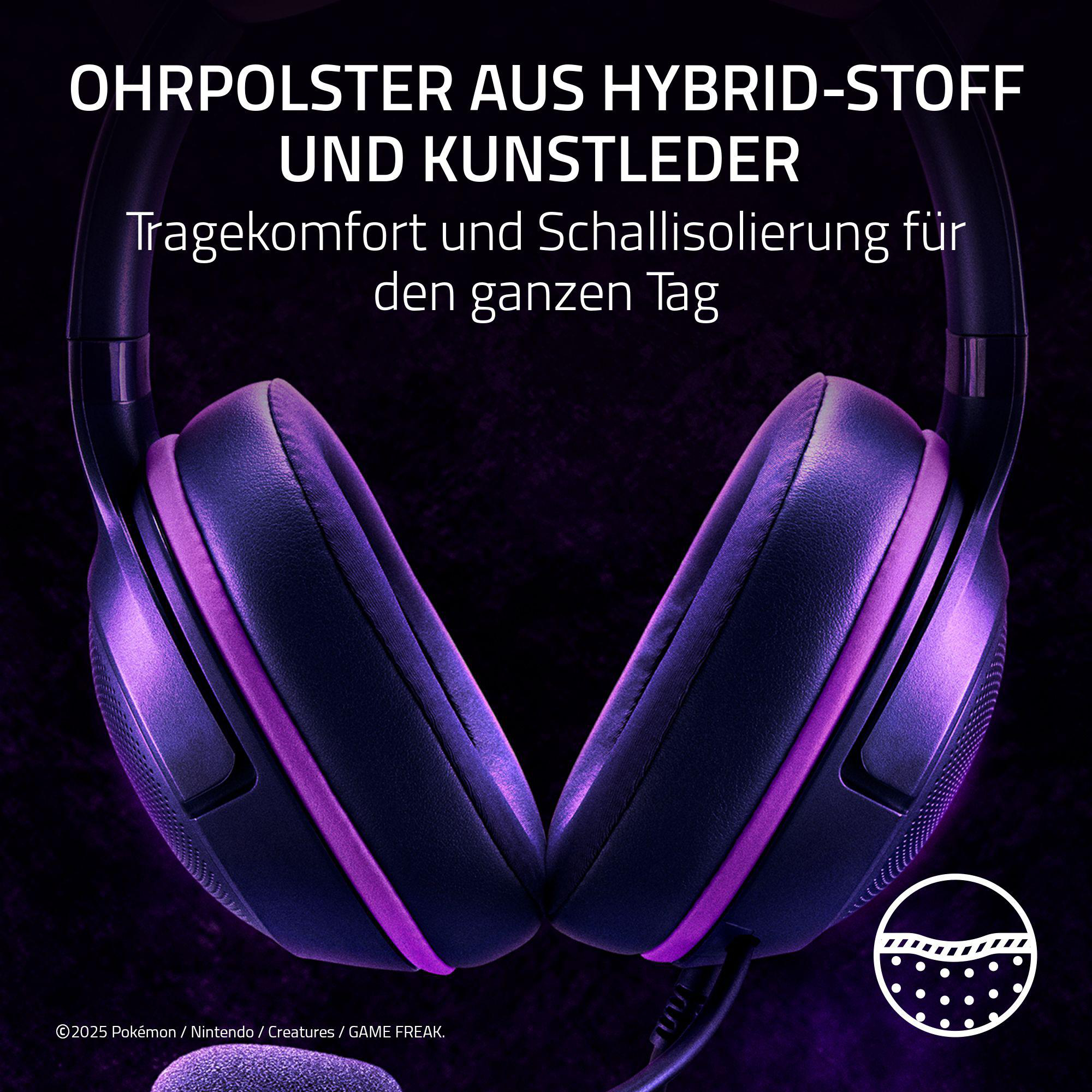 Kopfhörer mit lila Akzenten, Text auf Deutsch. Das Bild ist auf dunklem Hintergrund. Die Kopfhörer haben Ohrpolster.