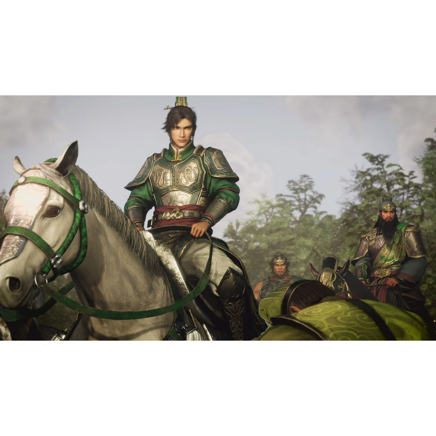 Een man in groene harnas op een wit paard leidt een groep. Andere mannen in harnas volgen, tegen een bosachtergrond.