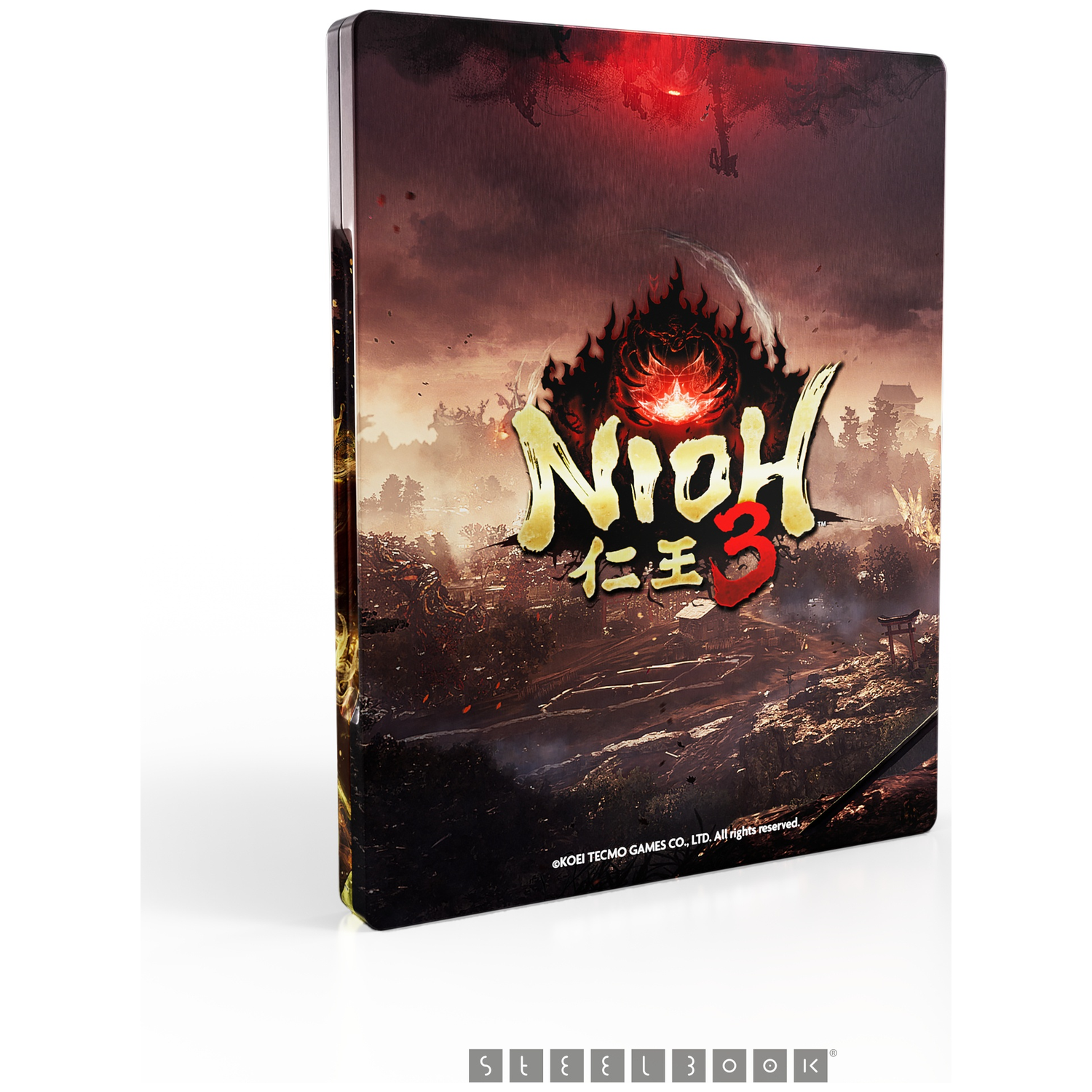 Nioh 3 gamecover. Toont de titel van de game en artwork van een bergachtig landschap met een donkere, vurige lucht.