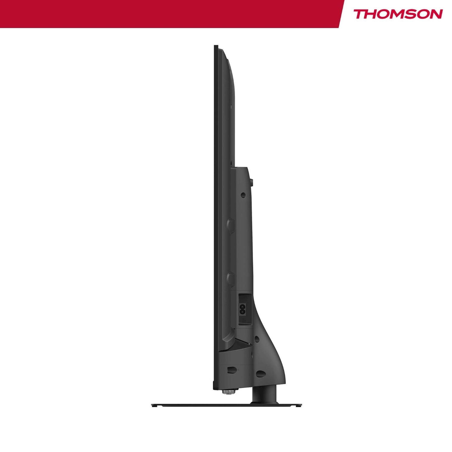 Vista laterale di un televisore Thomson nero. Si trova su una base nera. La parte superiore ha una striscia rossa con il logo Thomson.