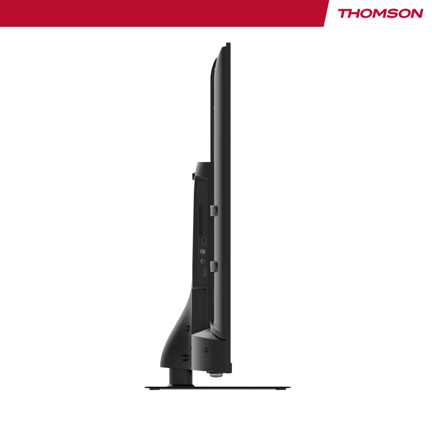 Vista laterale di un televisore Thomson nero. È su un supporto. Barra rossa e logo Thomson in alto, su sfondo bianco.